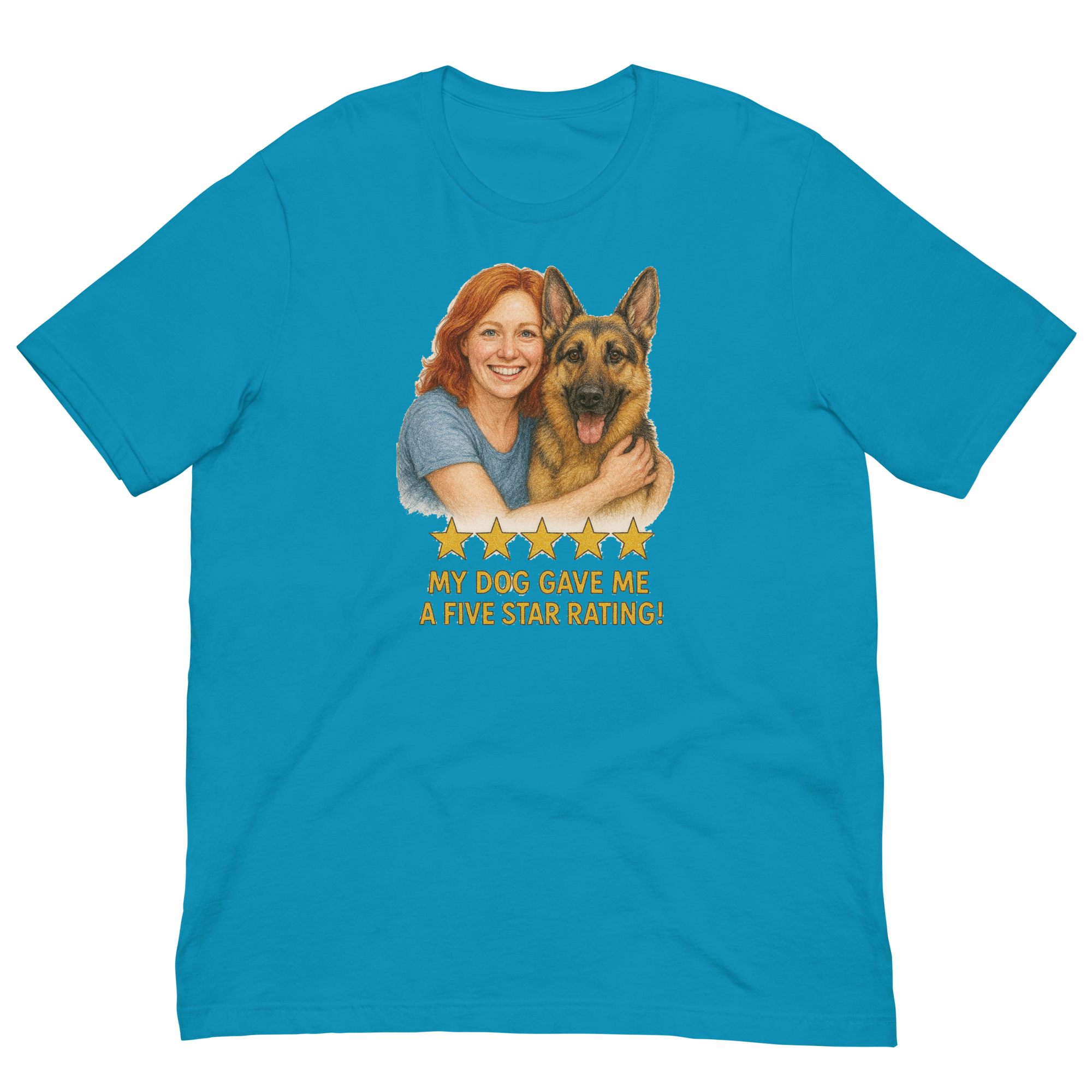 Red Hair Woman with German Shepherd graphic tee.