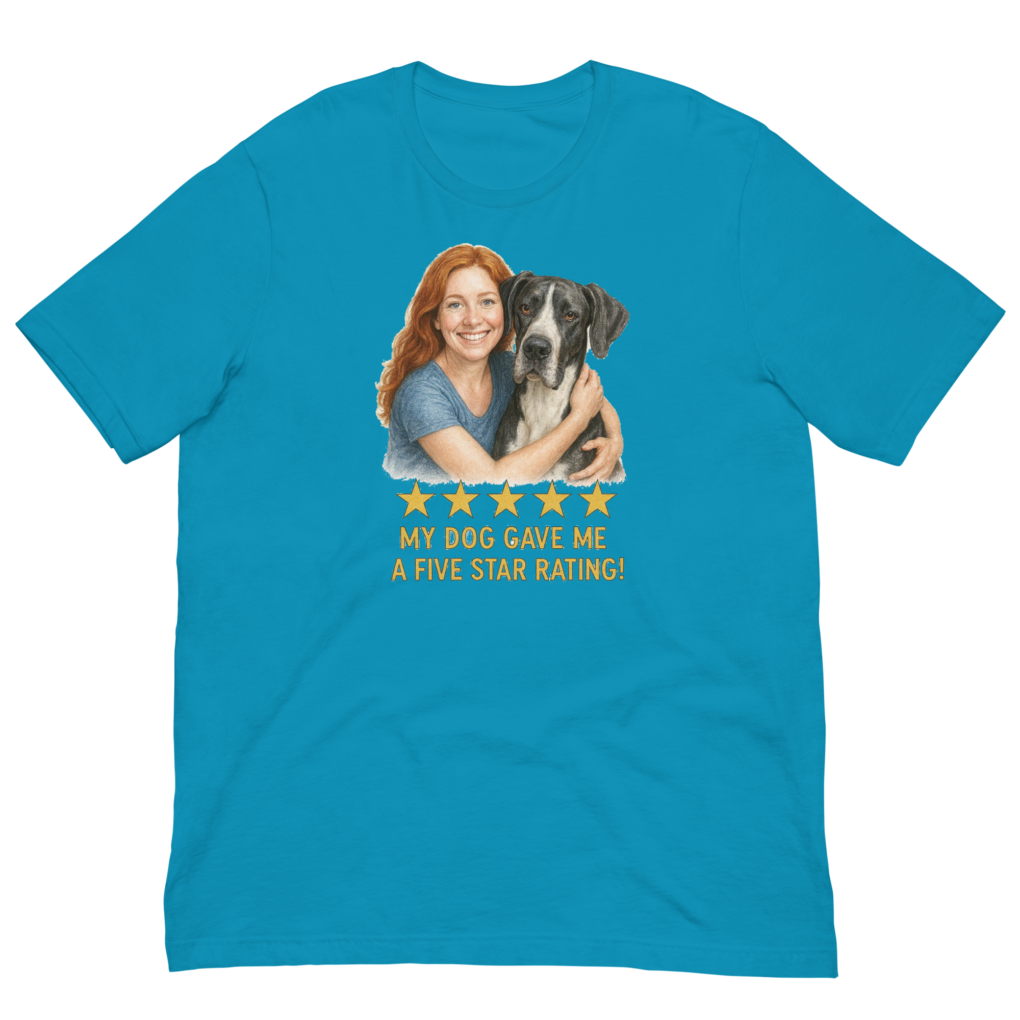 Red Hair Woman with Great Dane graphic tee.