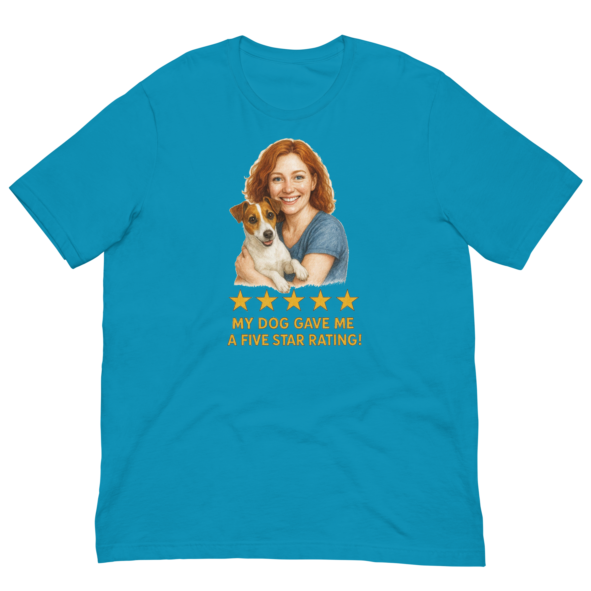 Red Hair Woman with Jack Russell Terrier graphic tee.
