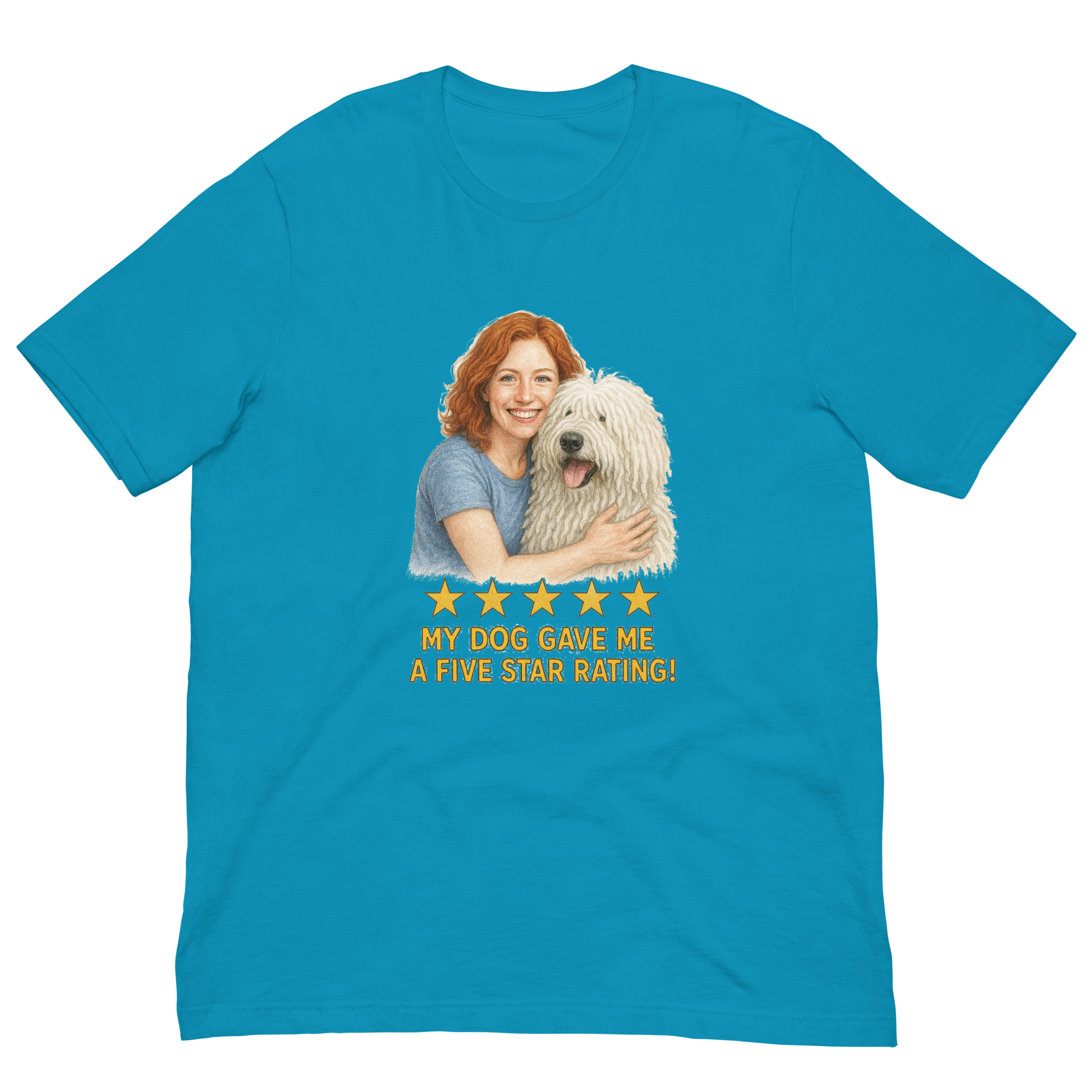 Red Hair Woman with Komondor graphic tee.