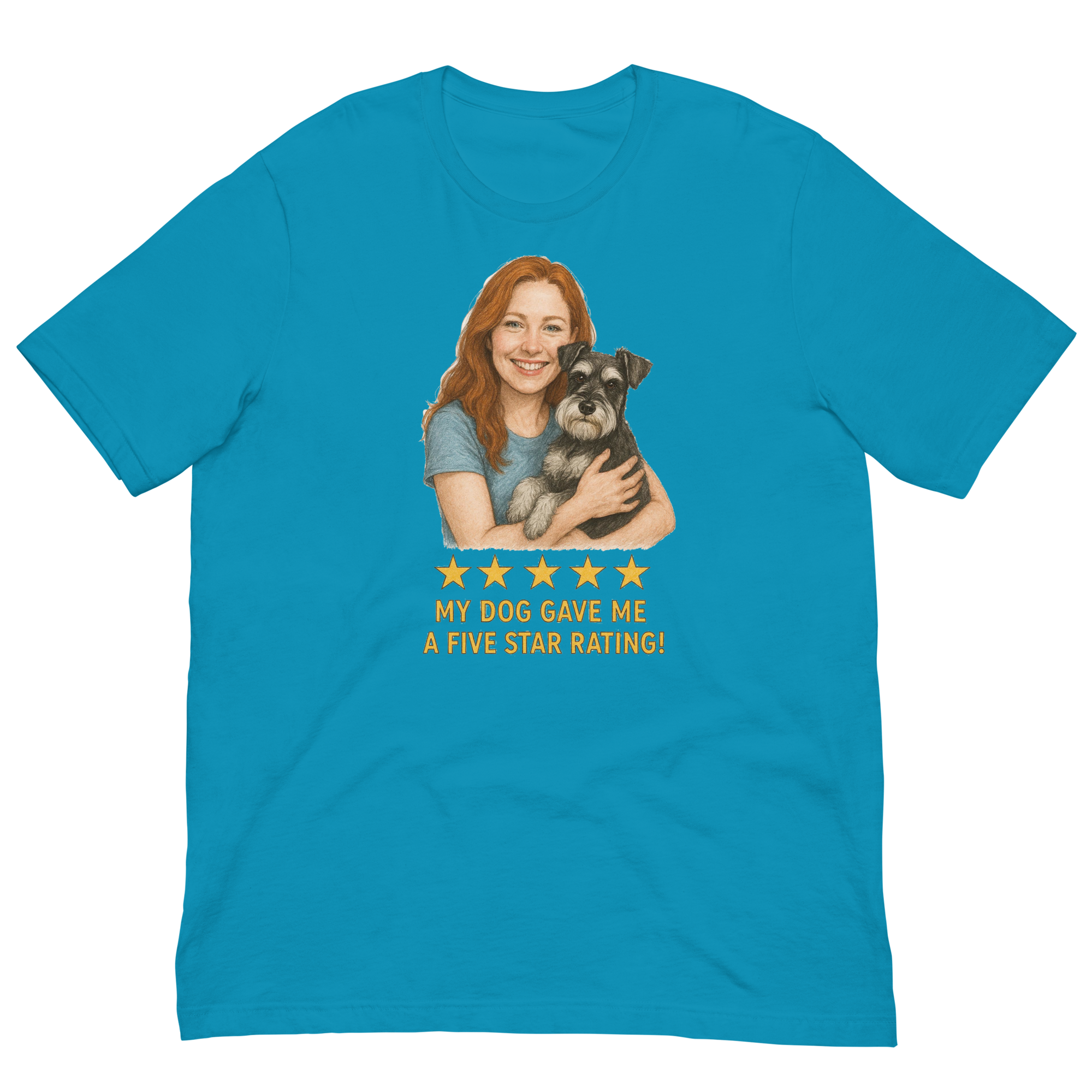 Red Hair Woman with Schnauzer graphic tee.