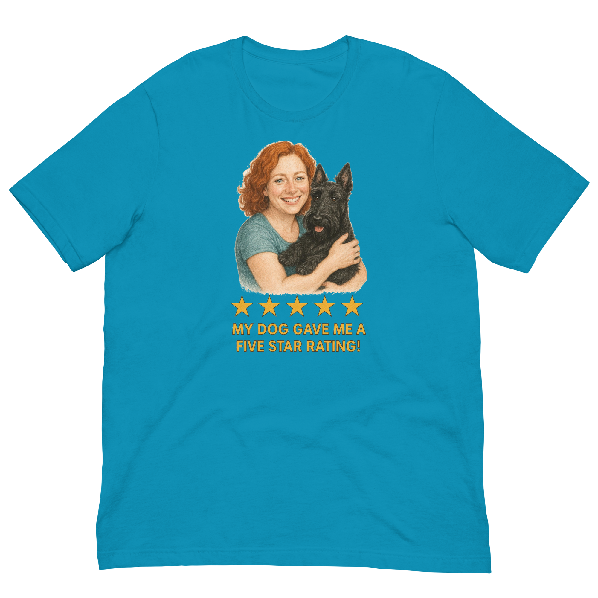 Red Hair Woman with Scottie graphic tee.