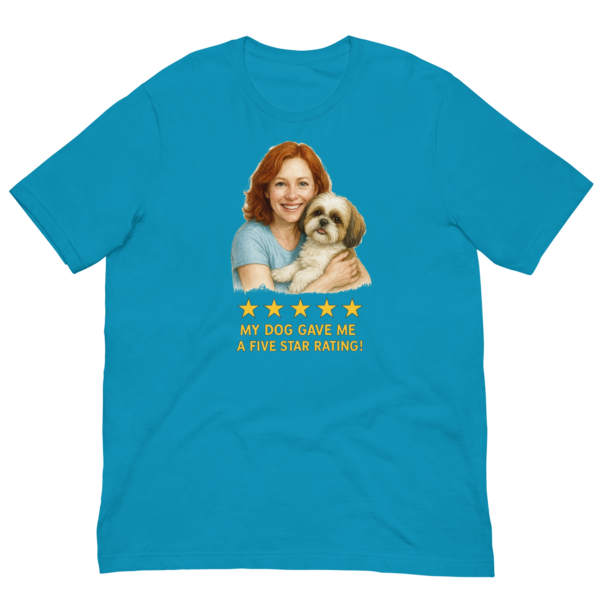 Red Hair Woman with Shih Tzu graphic tee.