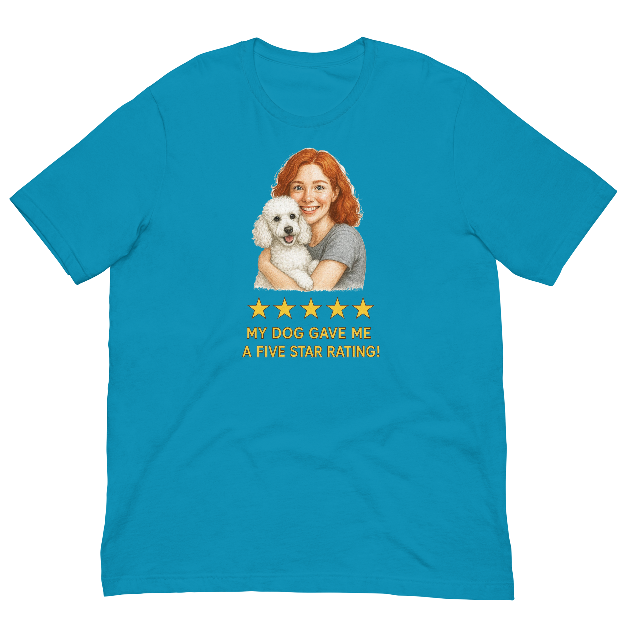 Red Hair Woman with White Poodle graphic tee.
