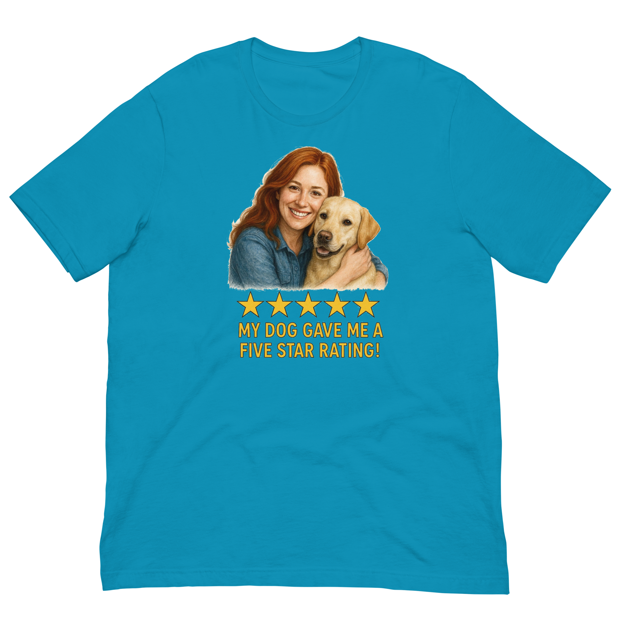Red Hair Woman with Yellow Labrador graphic tee.