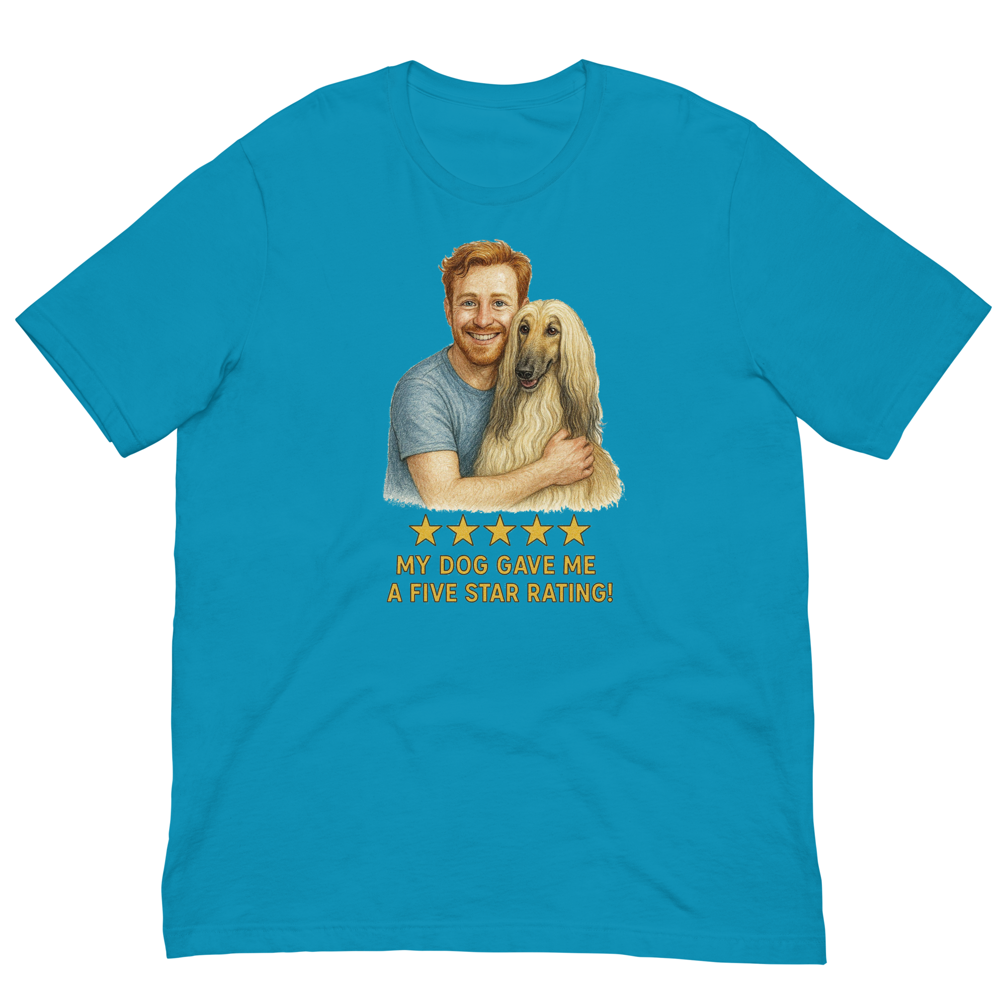 Red Hair Man with Afghan Hound graphic tee.