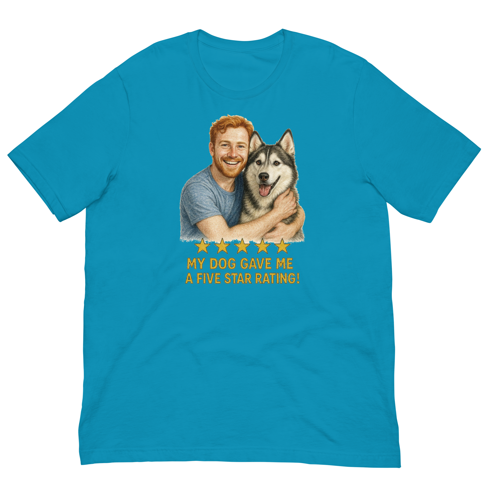 Red Hair Man with Alaskan Husky graphic tee.