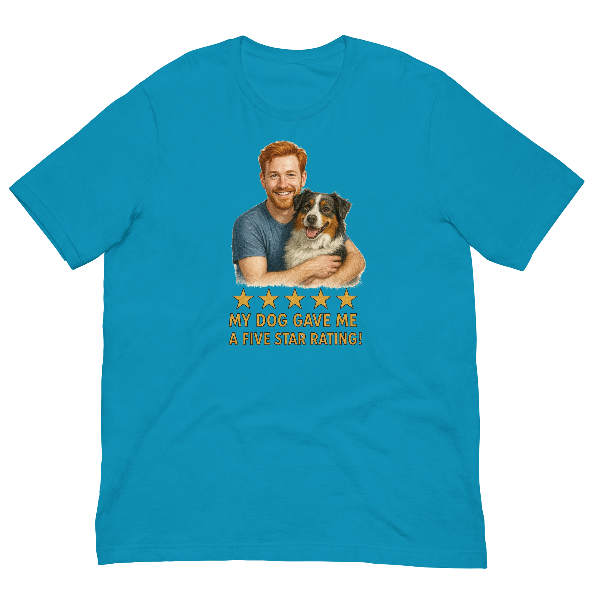 Red Hair Man with Australian Shepherd graphic tee.