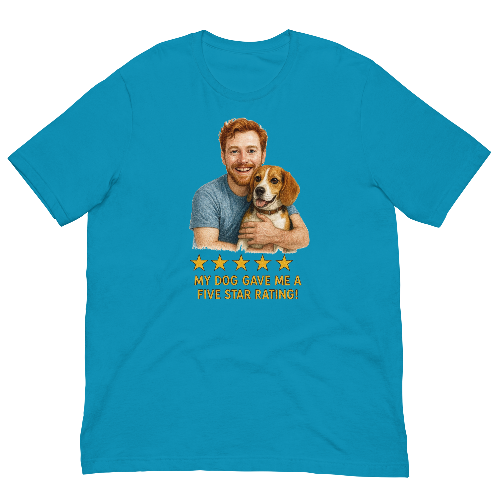 Red Hair Man with Beagle graphic tee.