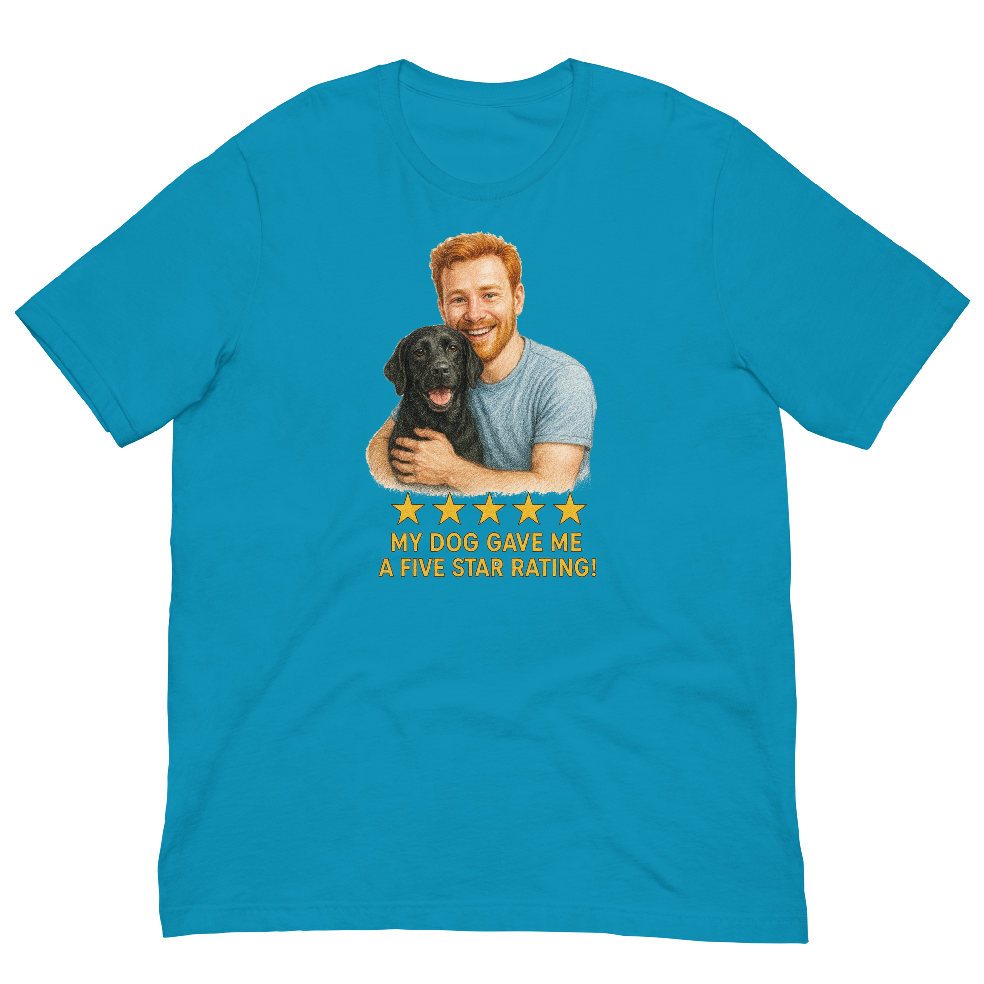 Red Hair Man with Black Labrador graphic tee.