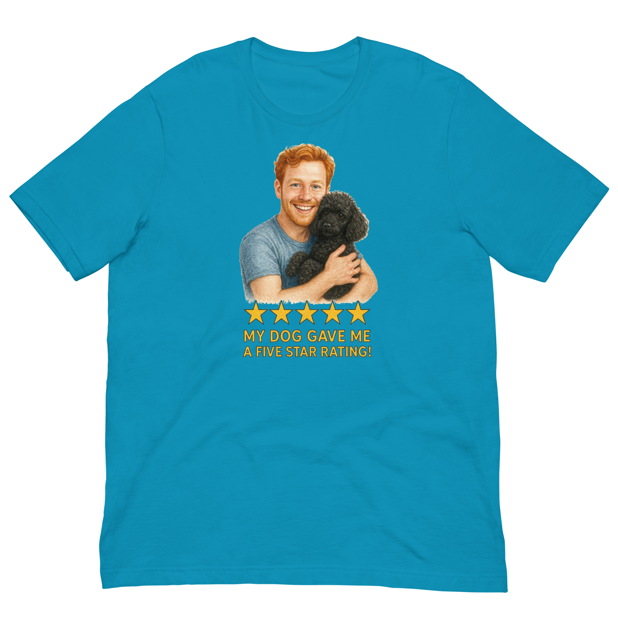 Red Hair Man with Black Poodle graphic tee.