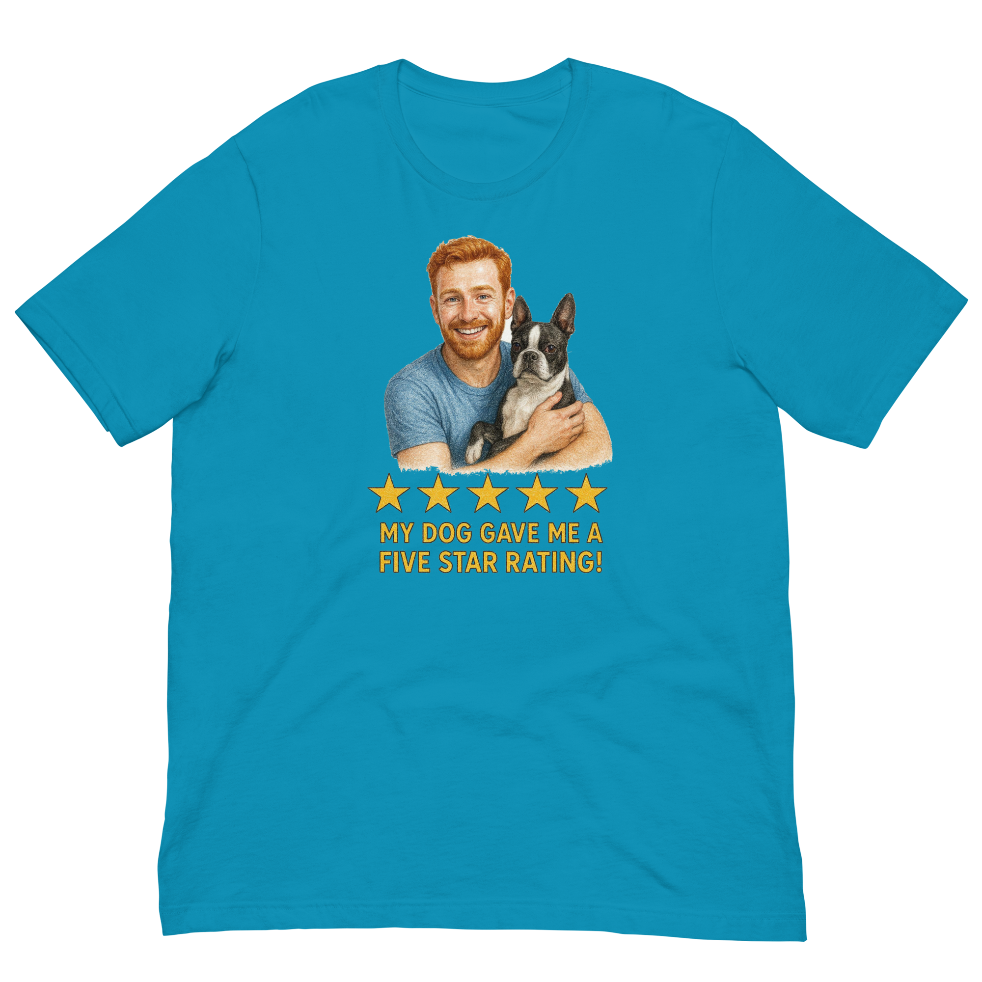 Red Hair Man with Boston Terrier graphic tee.