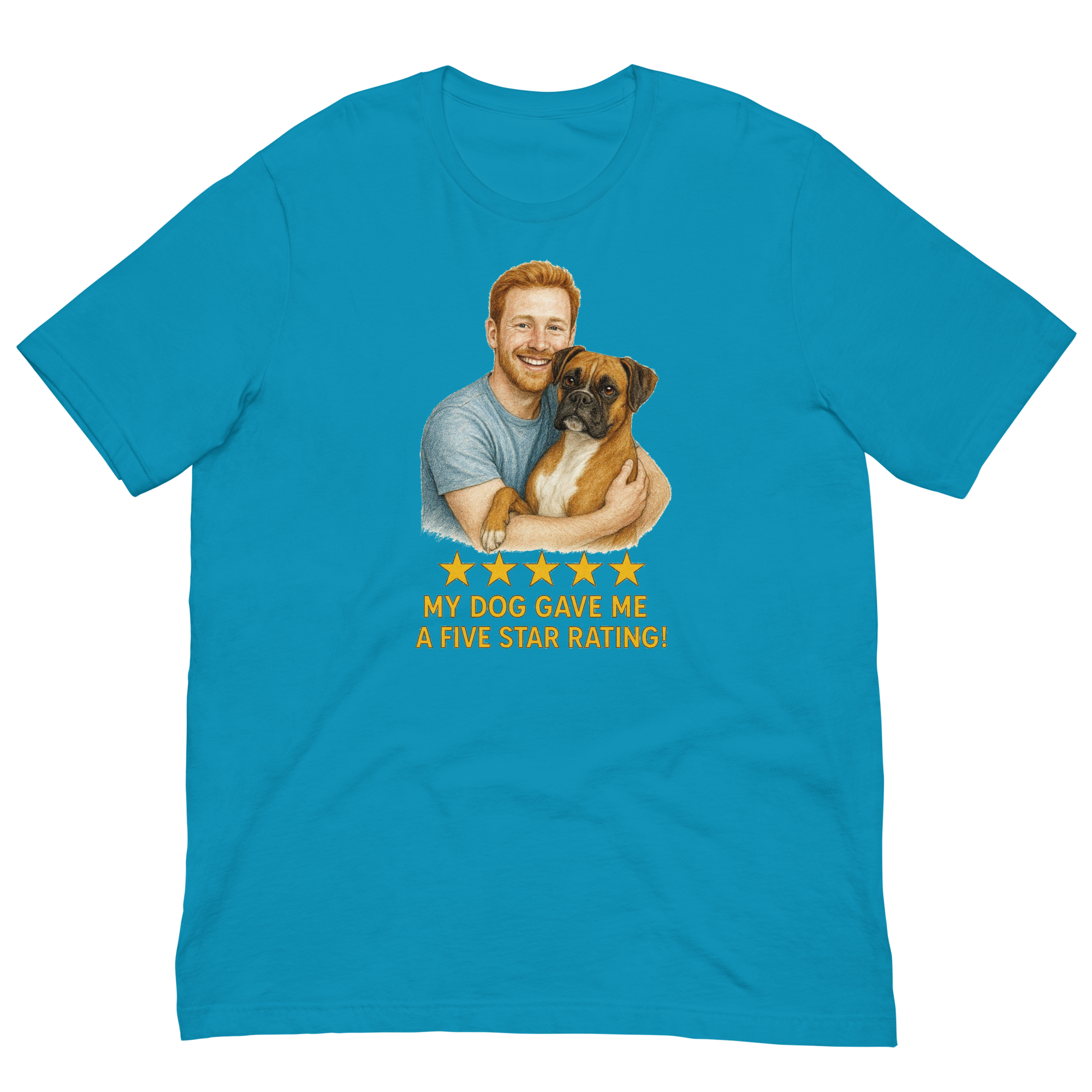 Red Hair Man with Boxer graphic tee.