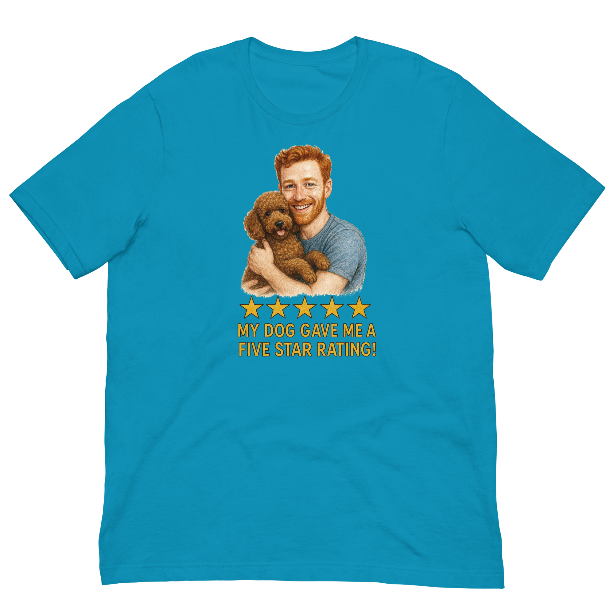 Red Hair Man with Brown Poodle graphic tee.