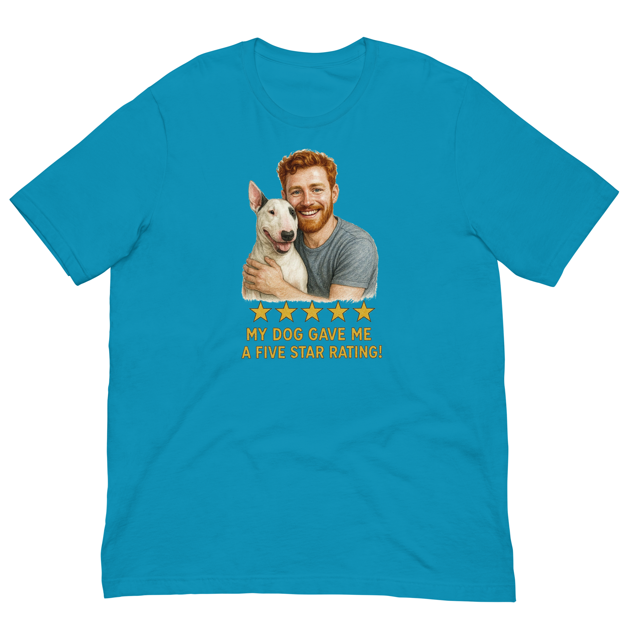Red Hair Man with Bull Terrier graphic tee.