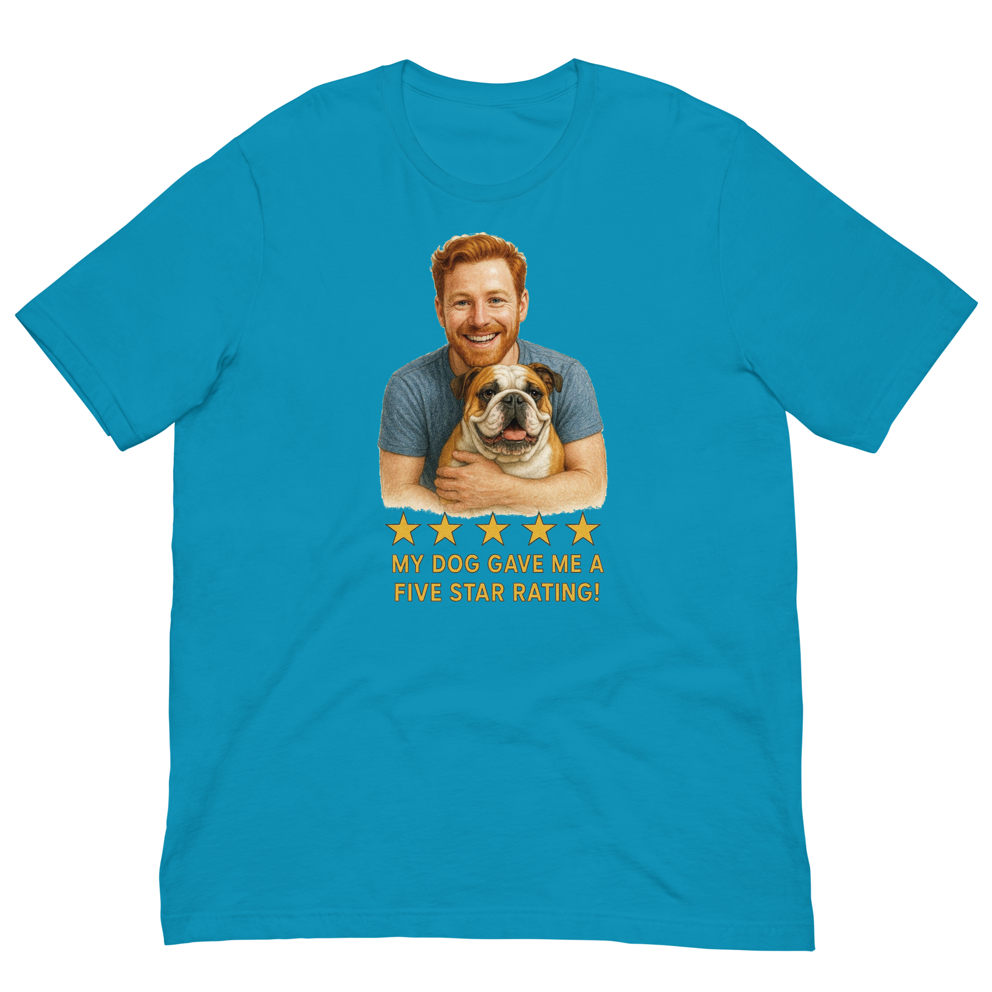 Red Hair Man with Bulldog graphic tee.