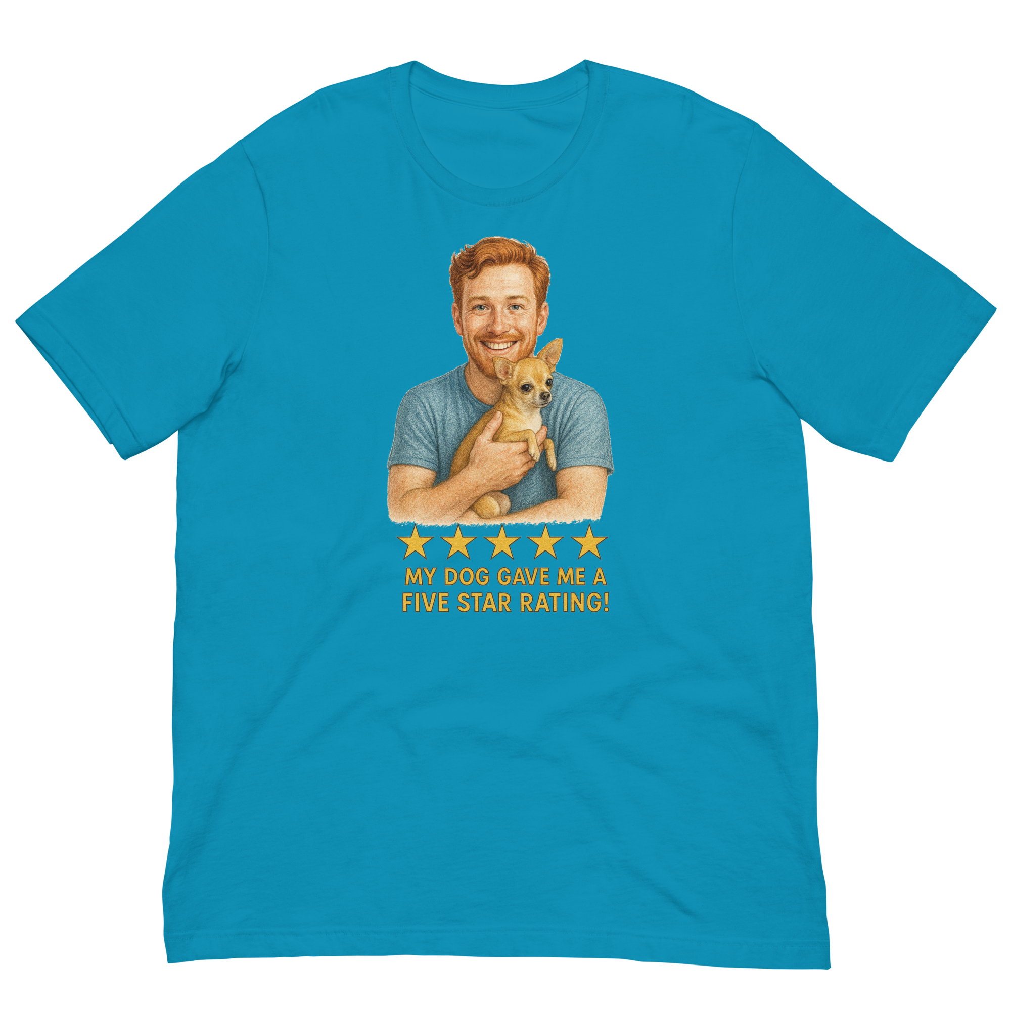 Red Hair Man with Chihuahua graphic tee.