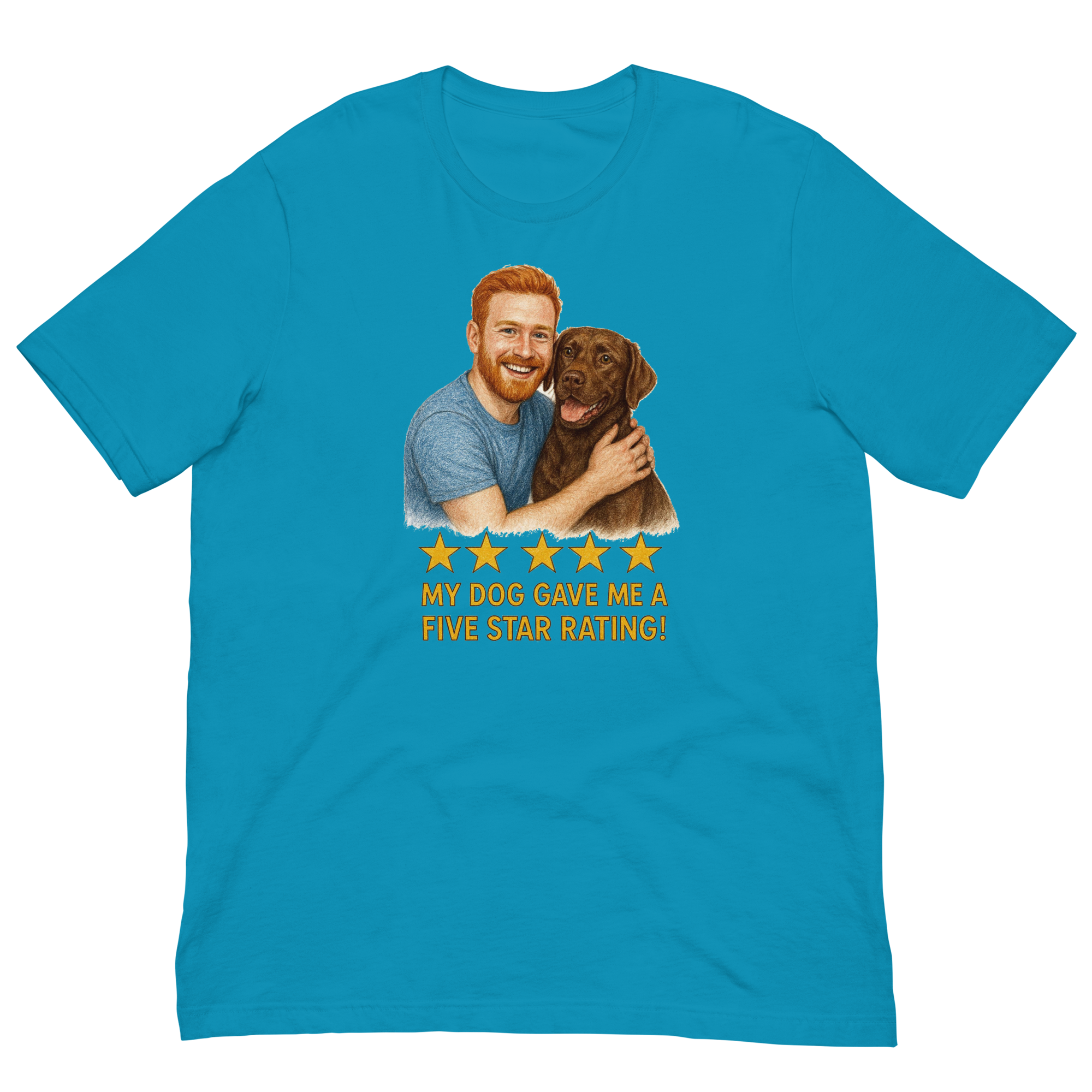 Red Hair Man with Chocolate Labrador graphic tee.
