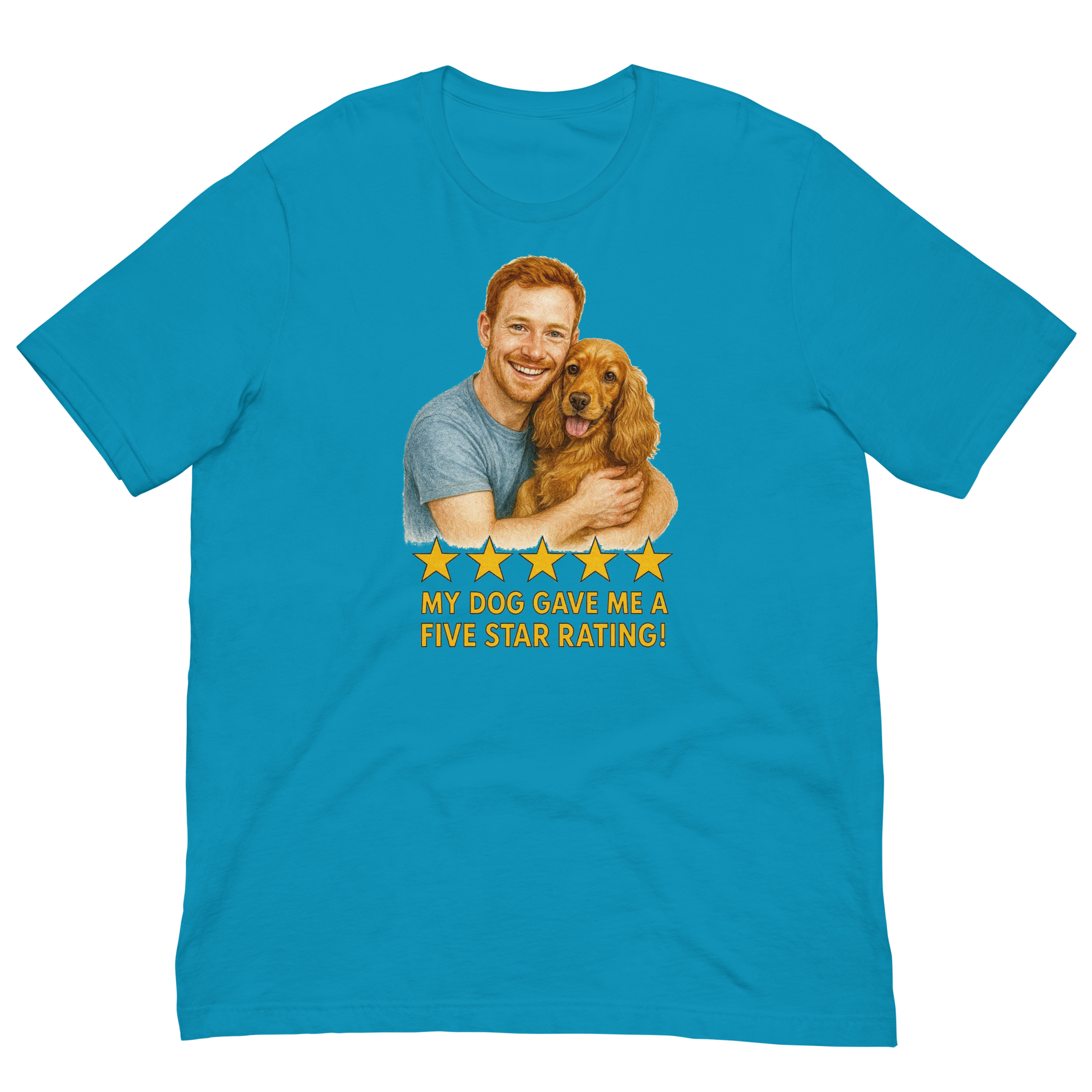 Red Hair Man with Cocker Spaniel graphic tee.
