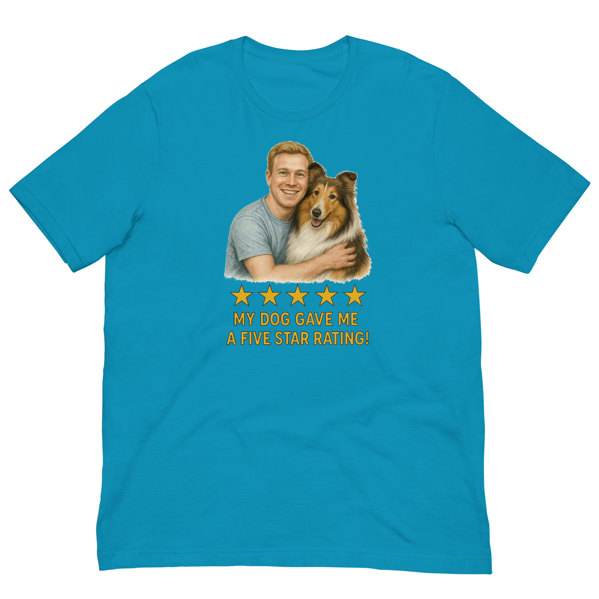 Red Hair Man with Collie graphic tee.