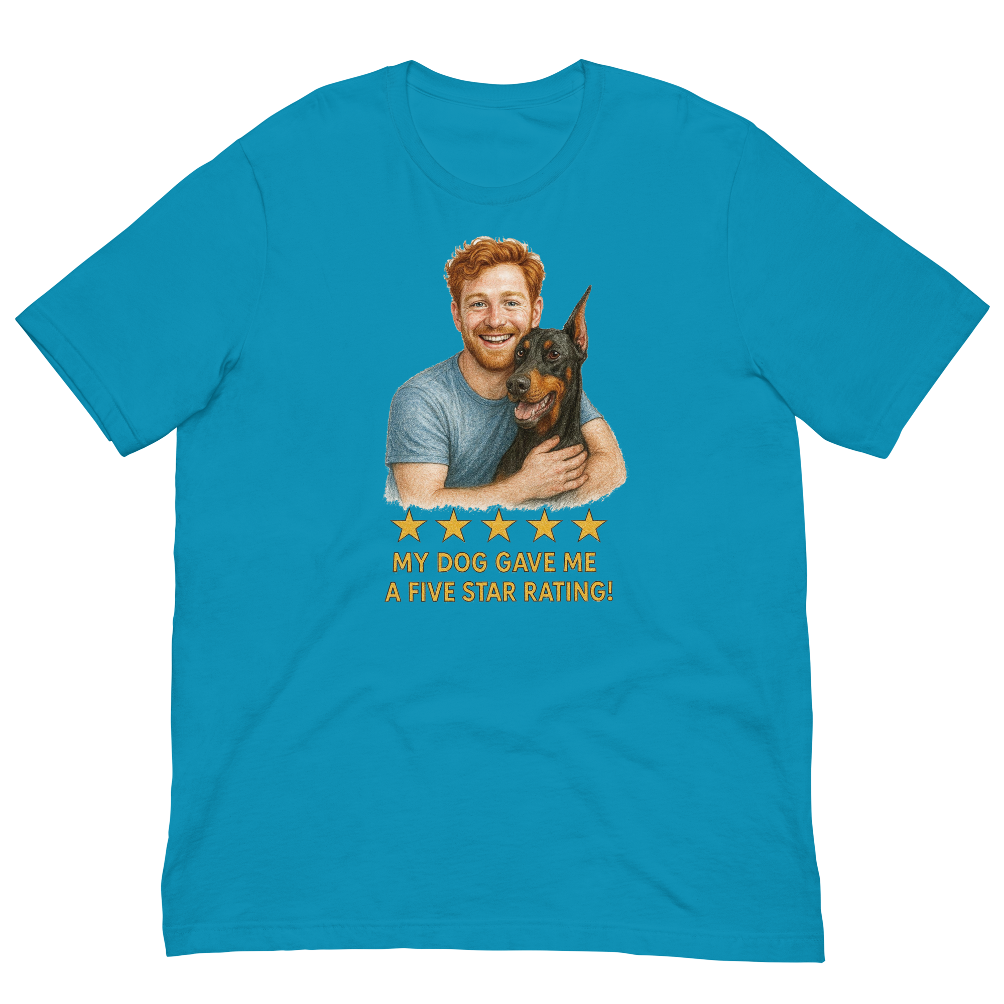 Red Hair Man with Doberman Pinscher graphic tee.