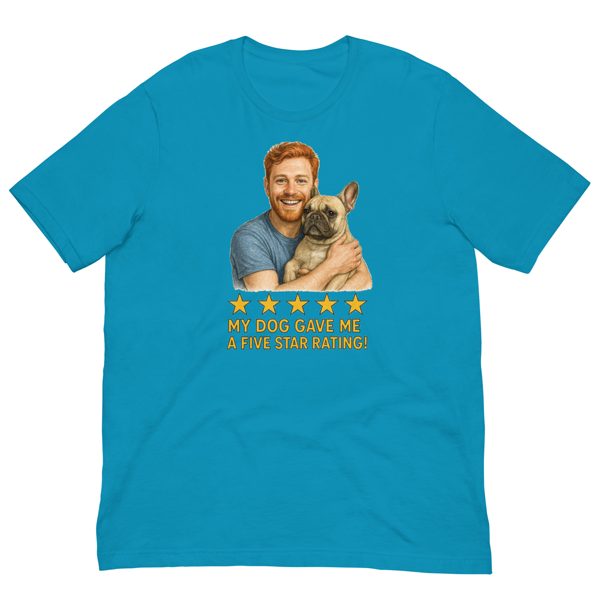 Red Hair Man with French Bulldog graphic tee.