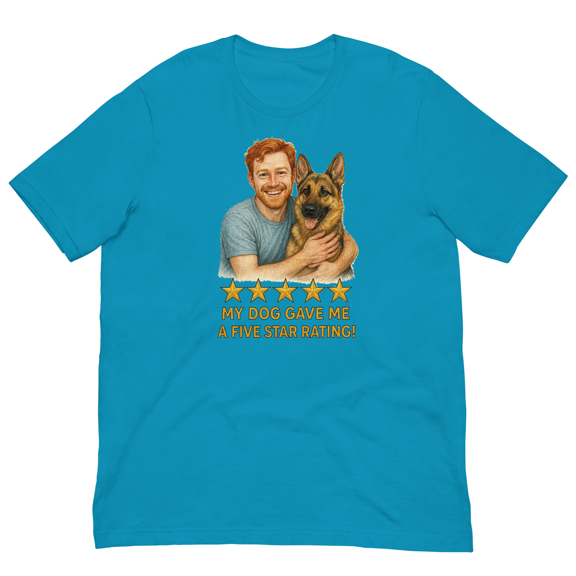 Red Hair Man with German Shepherd graphic tee.