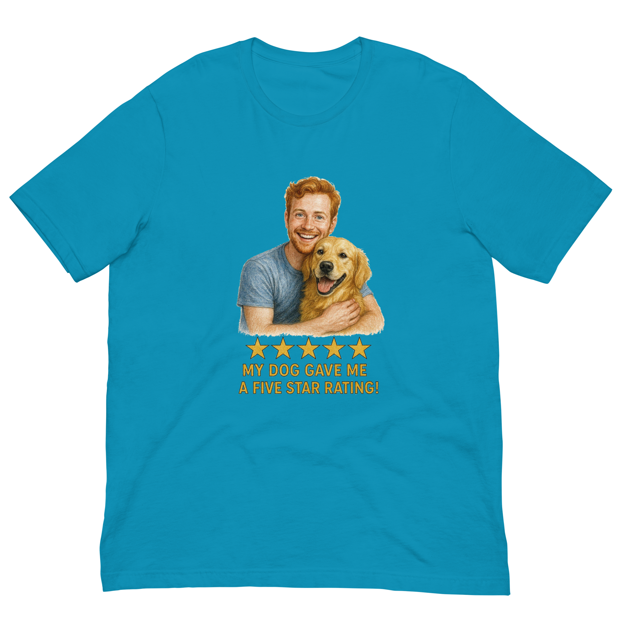 Red Hair Man with Golden Retriever graphic tee.