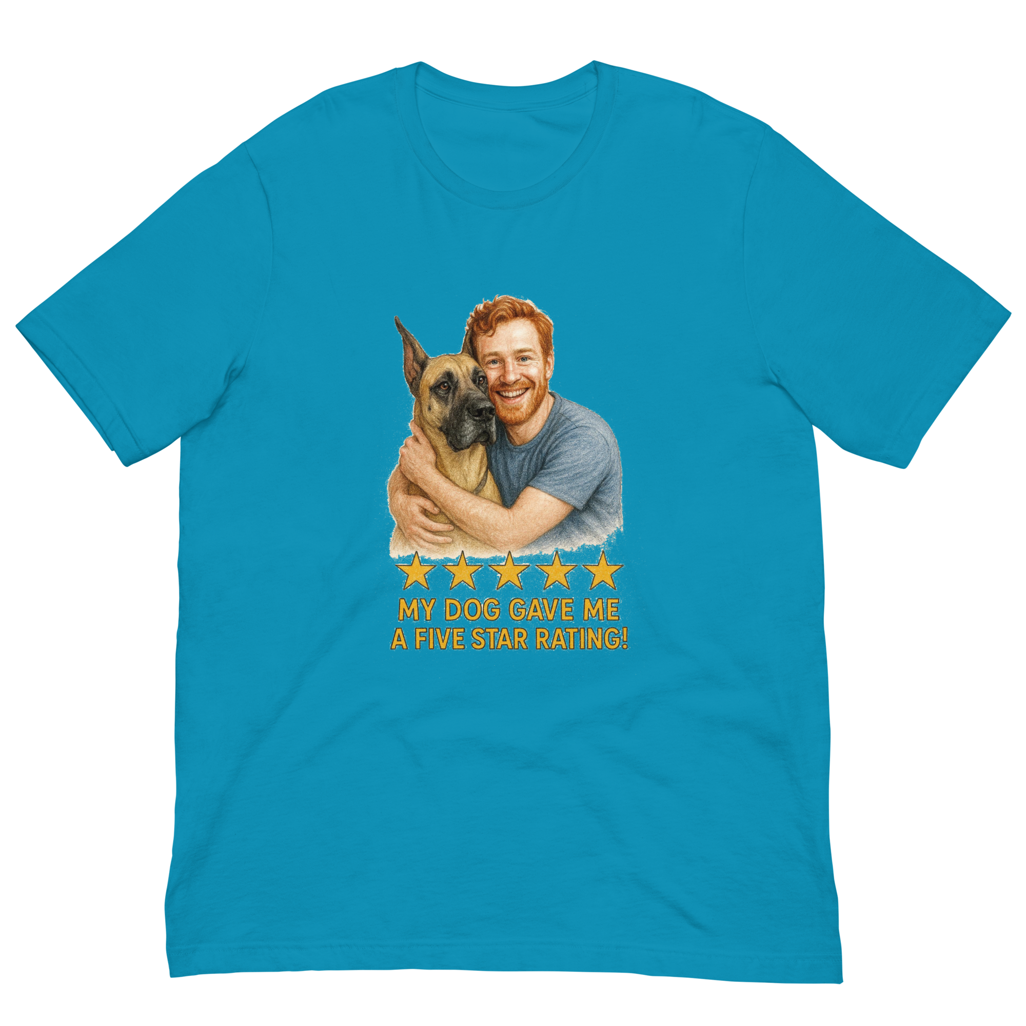 Red Hair Man with Great Dane graphic tee.