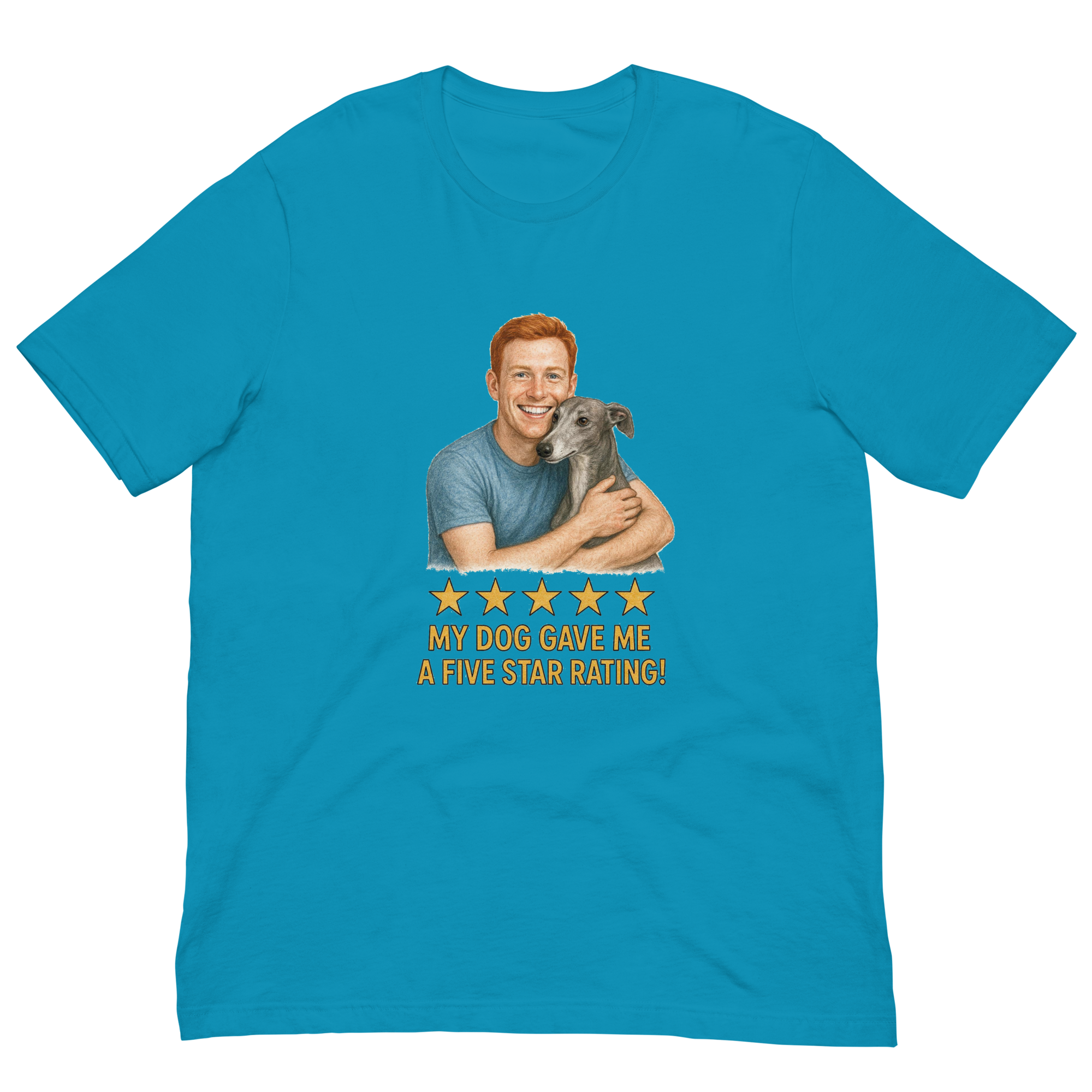Red Hair Man with Greyhound graphic tee.