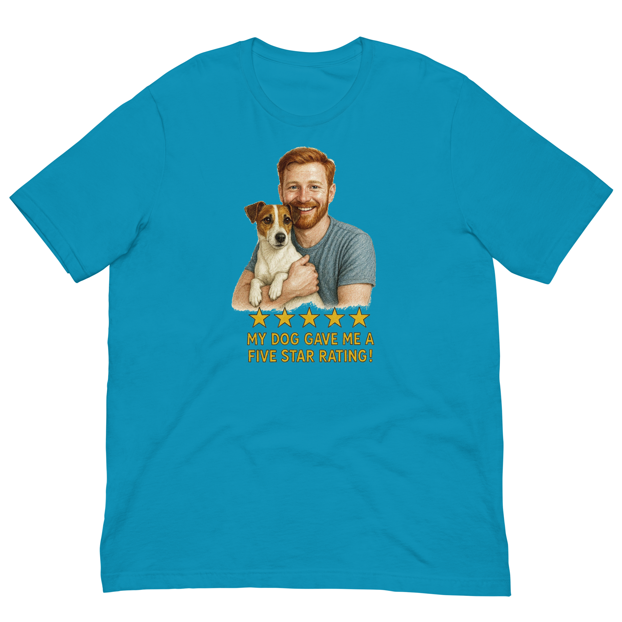Red Hair Man with Jack Russell Terrier graphic tee.