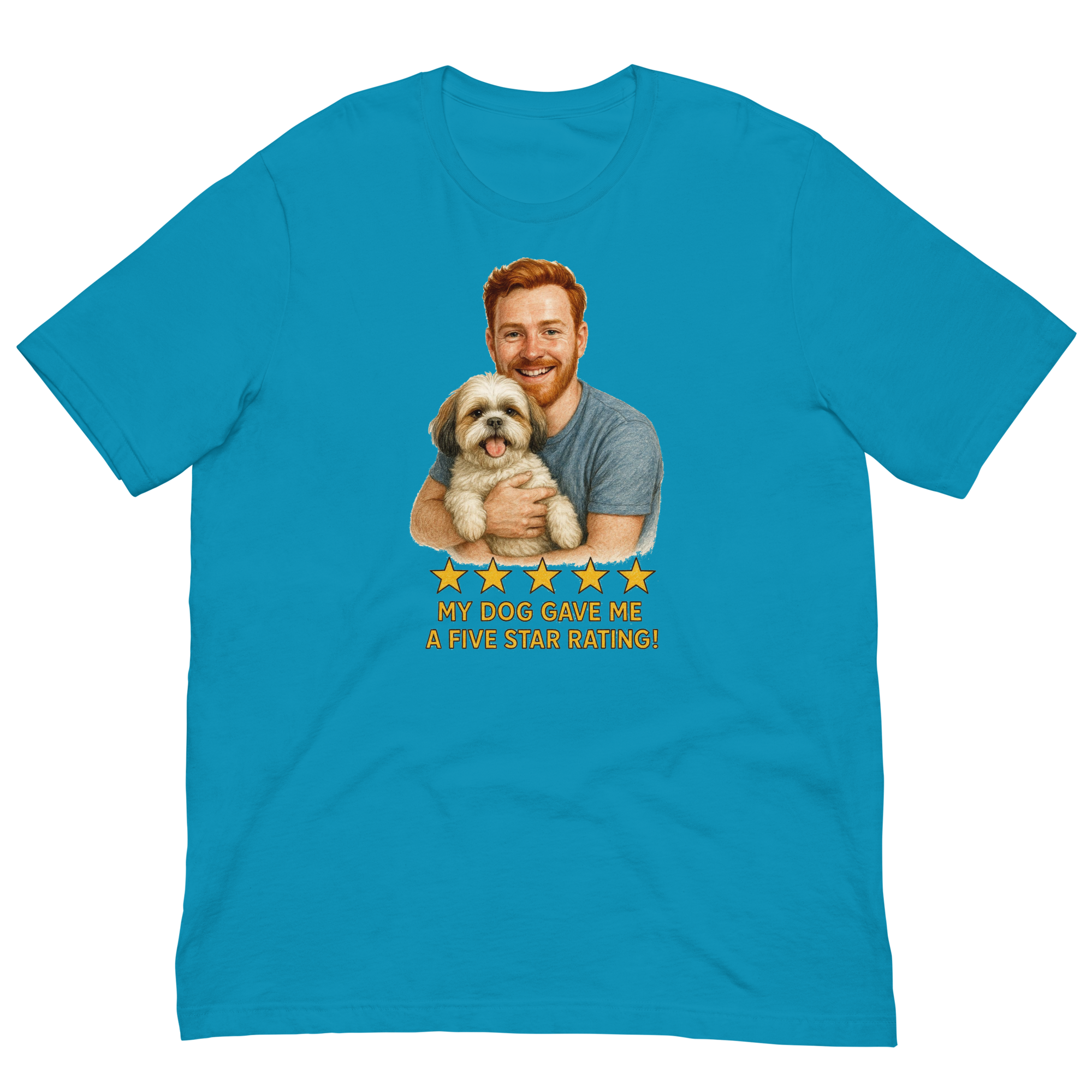 Red Hair Man with Shih Tzu graphic tee.