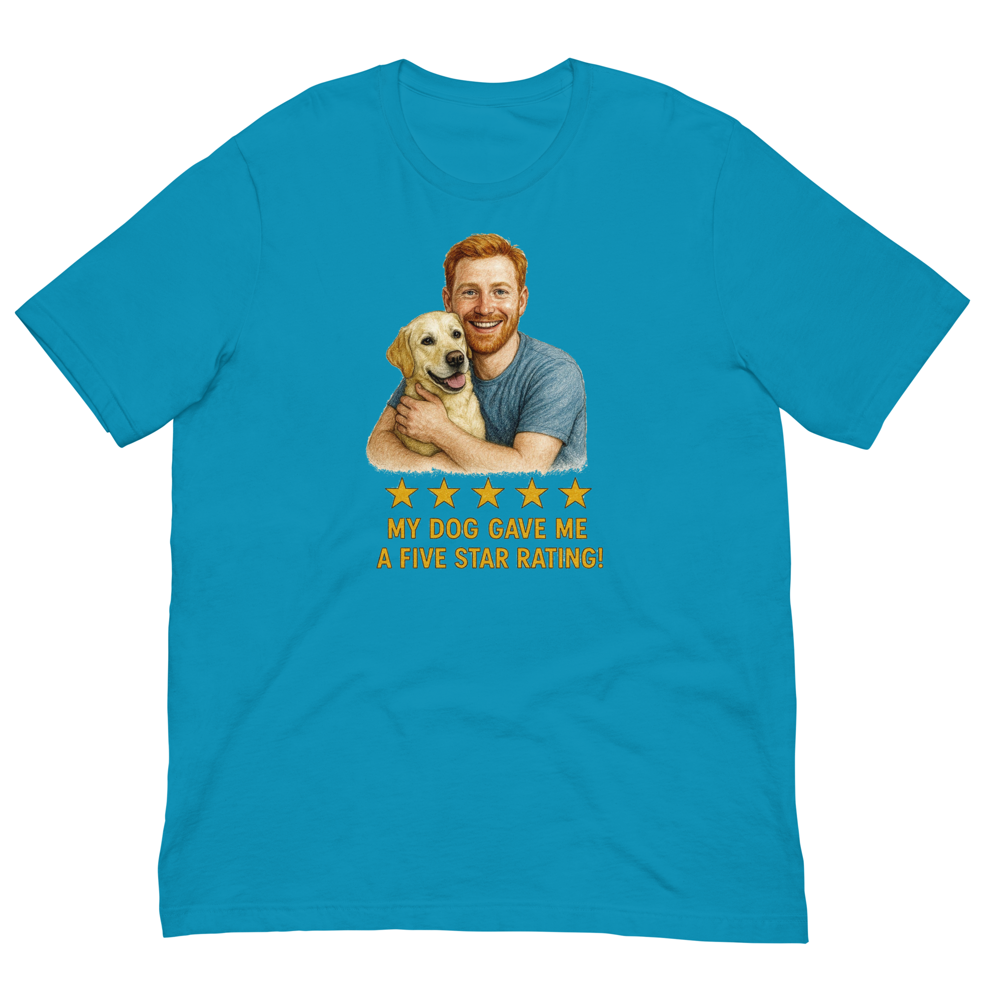 Red Hair Man with Yellow Labrador graphic tee.