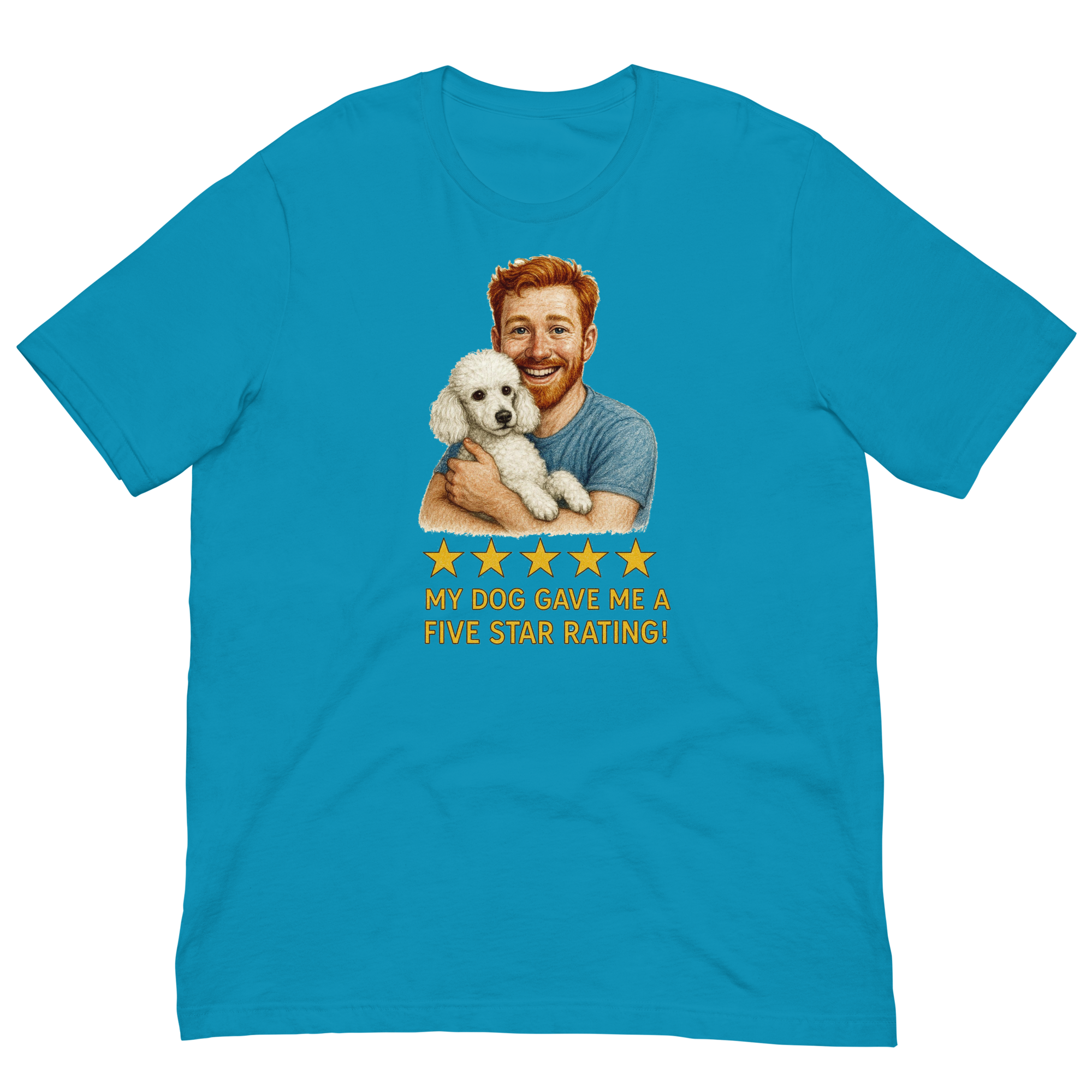 Red Hair Man with White Poodle graphic tee.