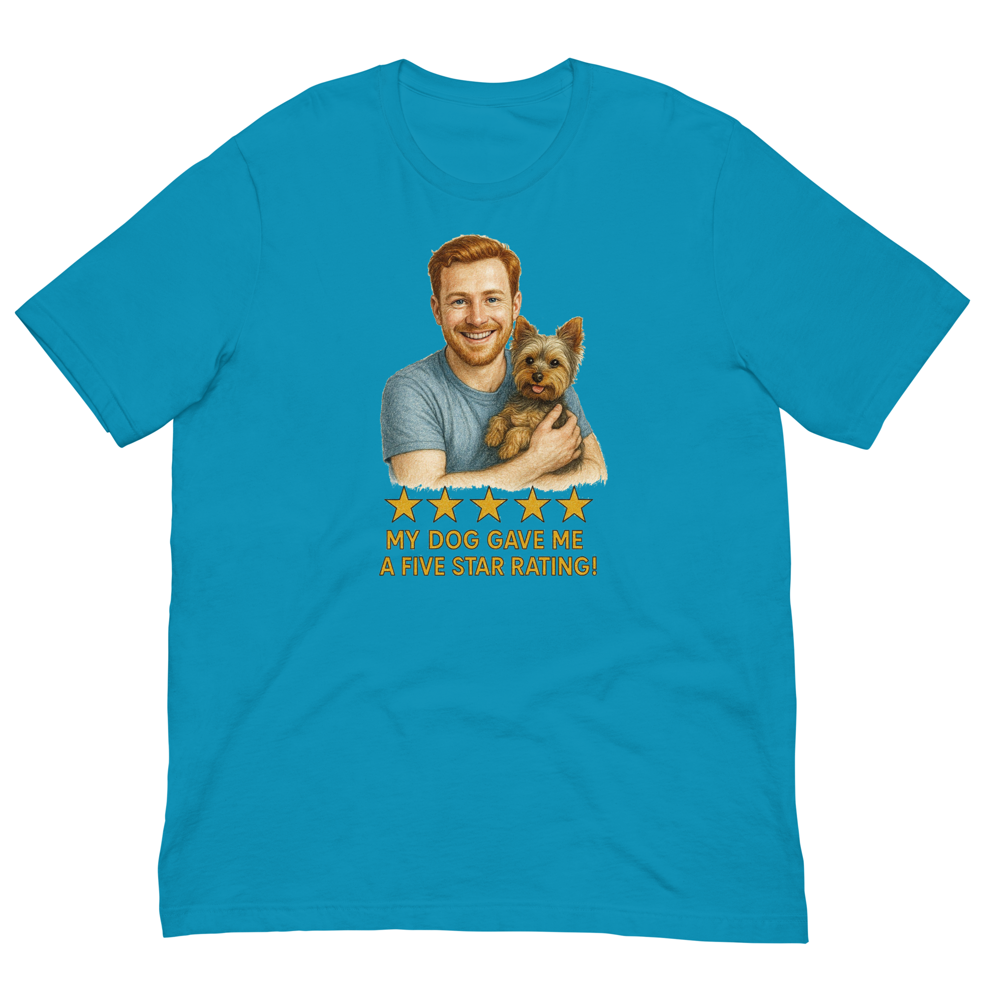 Red Hair Man with Yorkie graphic tee.