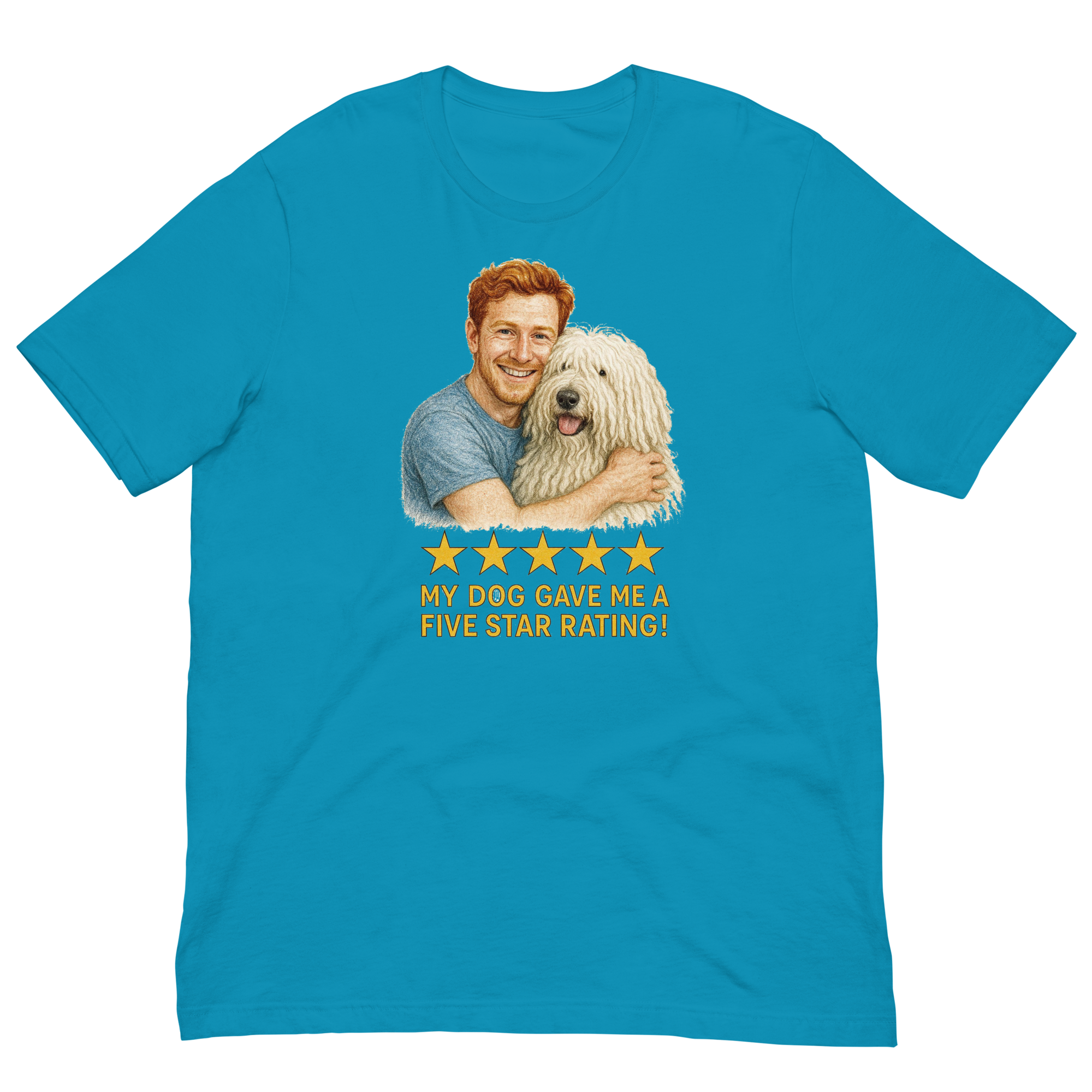Red Hair Man with Komondor graphic tee.