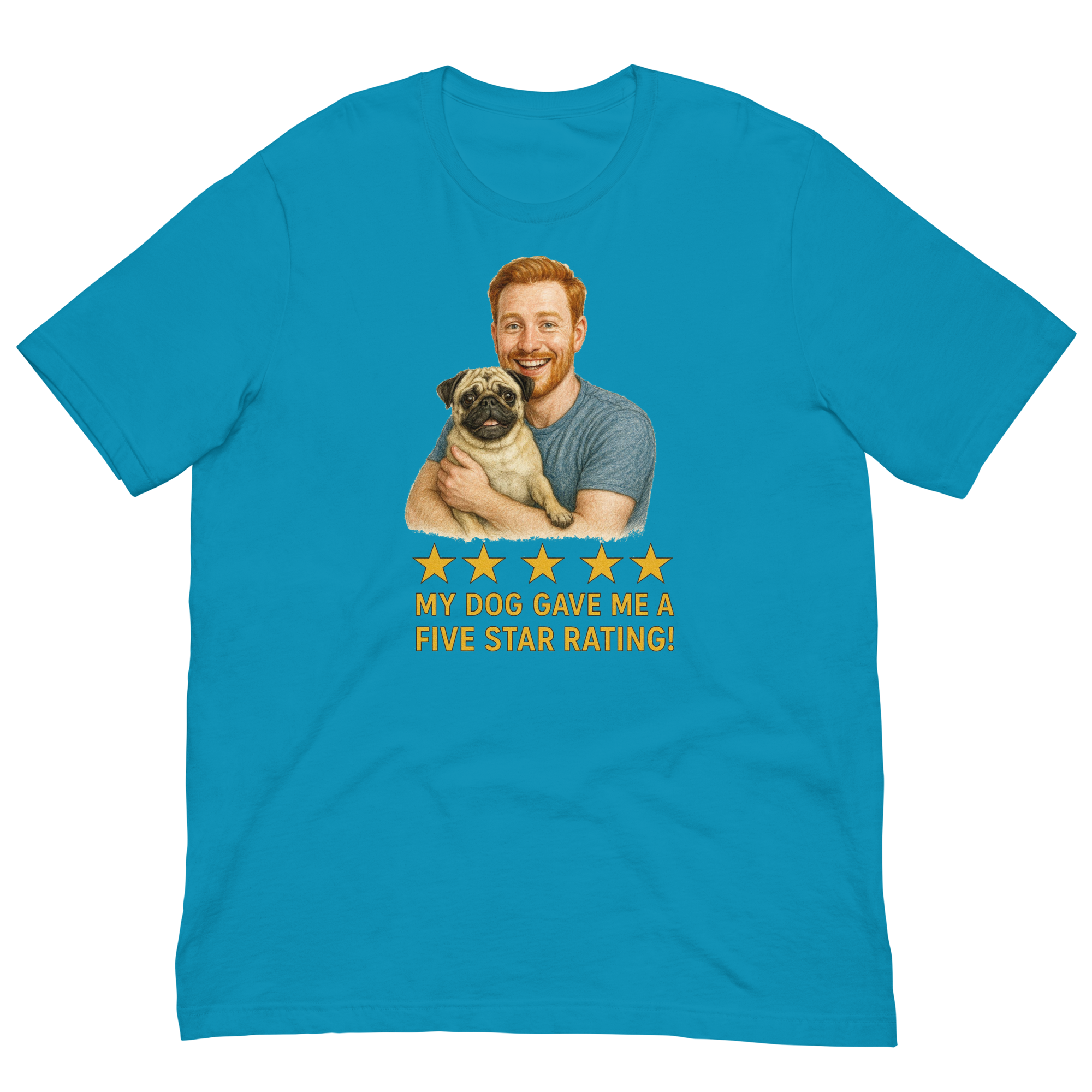 Red Hair Man with Pug graphic tee.