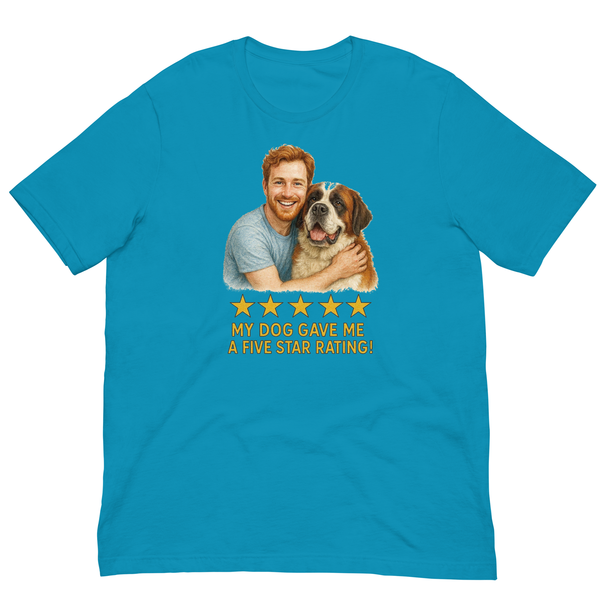 Red Hair Man with Saint Bernard graphic tee.