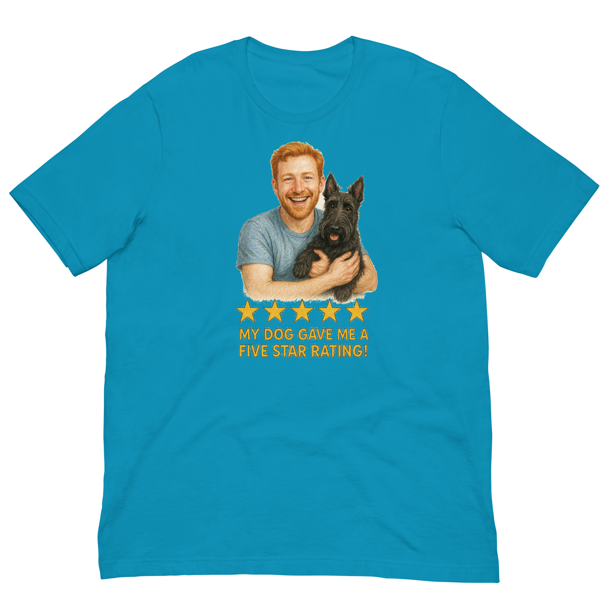 Red Hair Man with Scottie graphic tee.