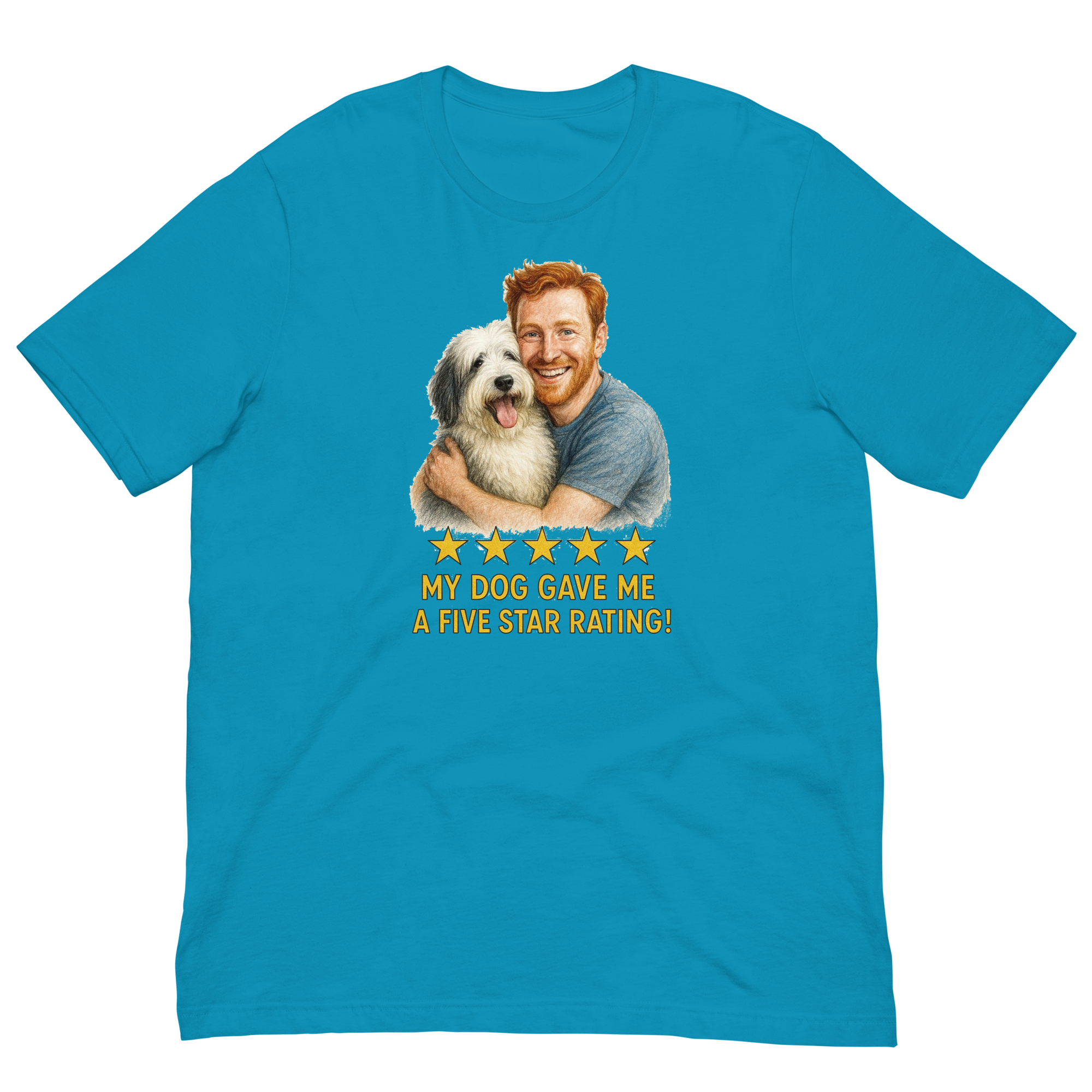 Red Hair Man with Sheepdog graphic tee.