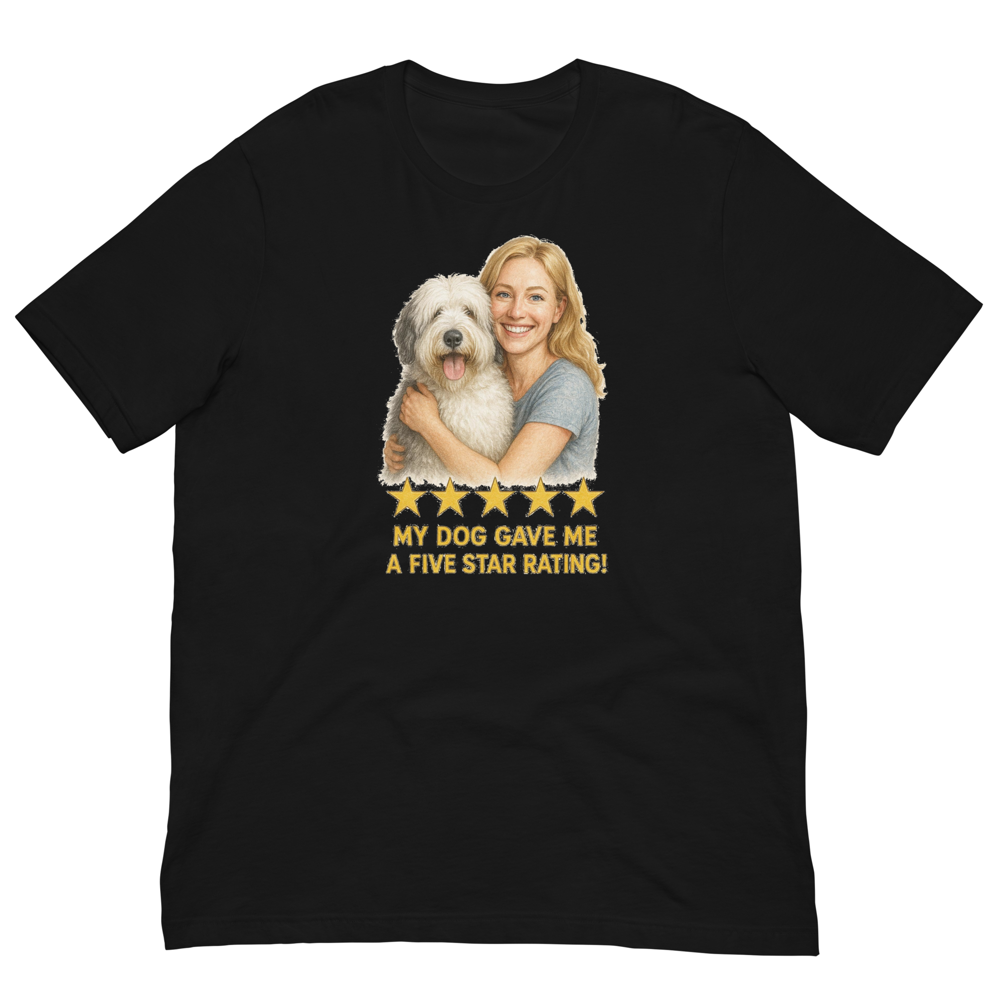 Blonde Woman with Sheepdog graphic tee - black