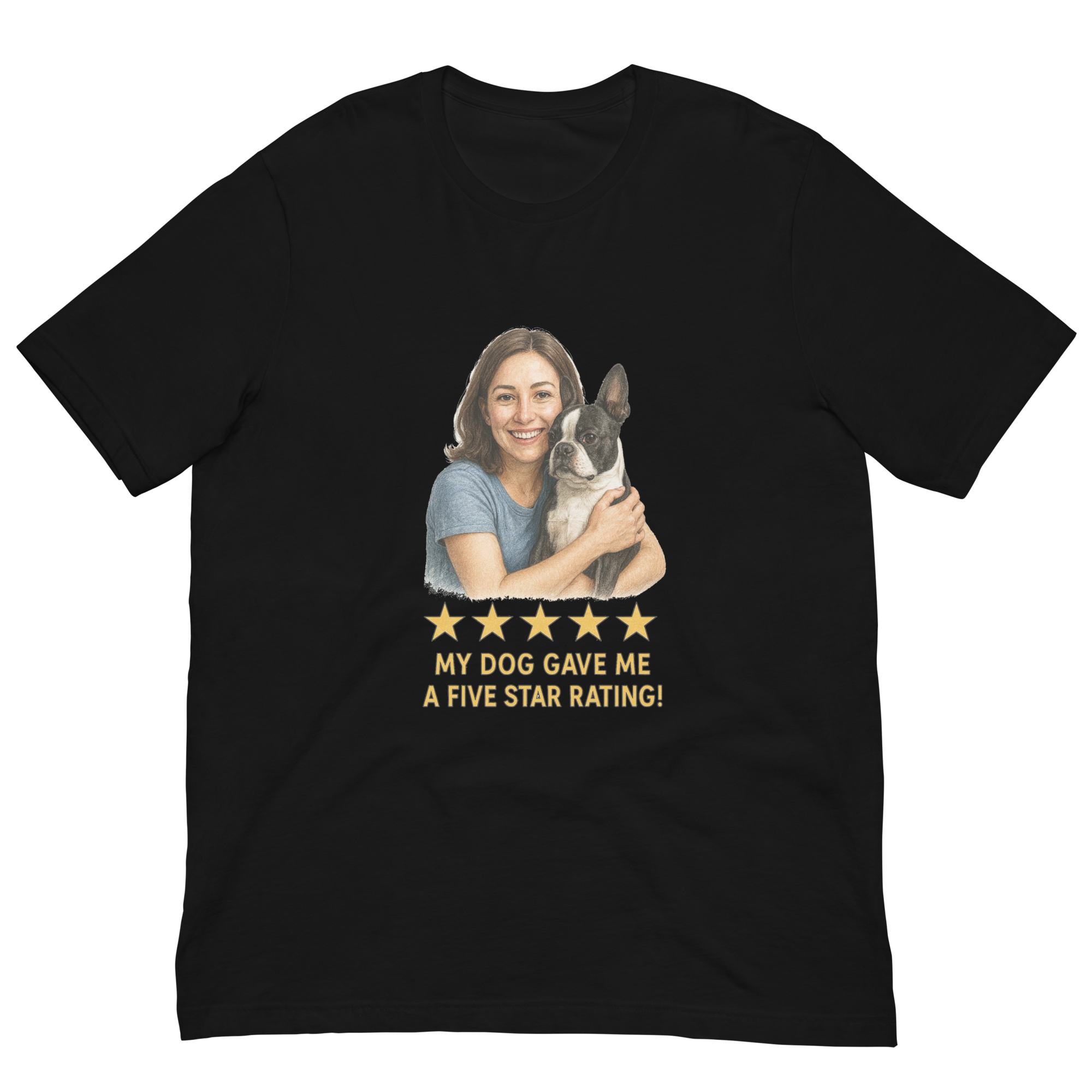 Brunette Woman with Boston Terrier graphic tee - black