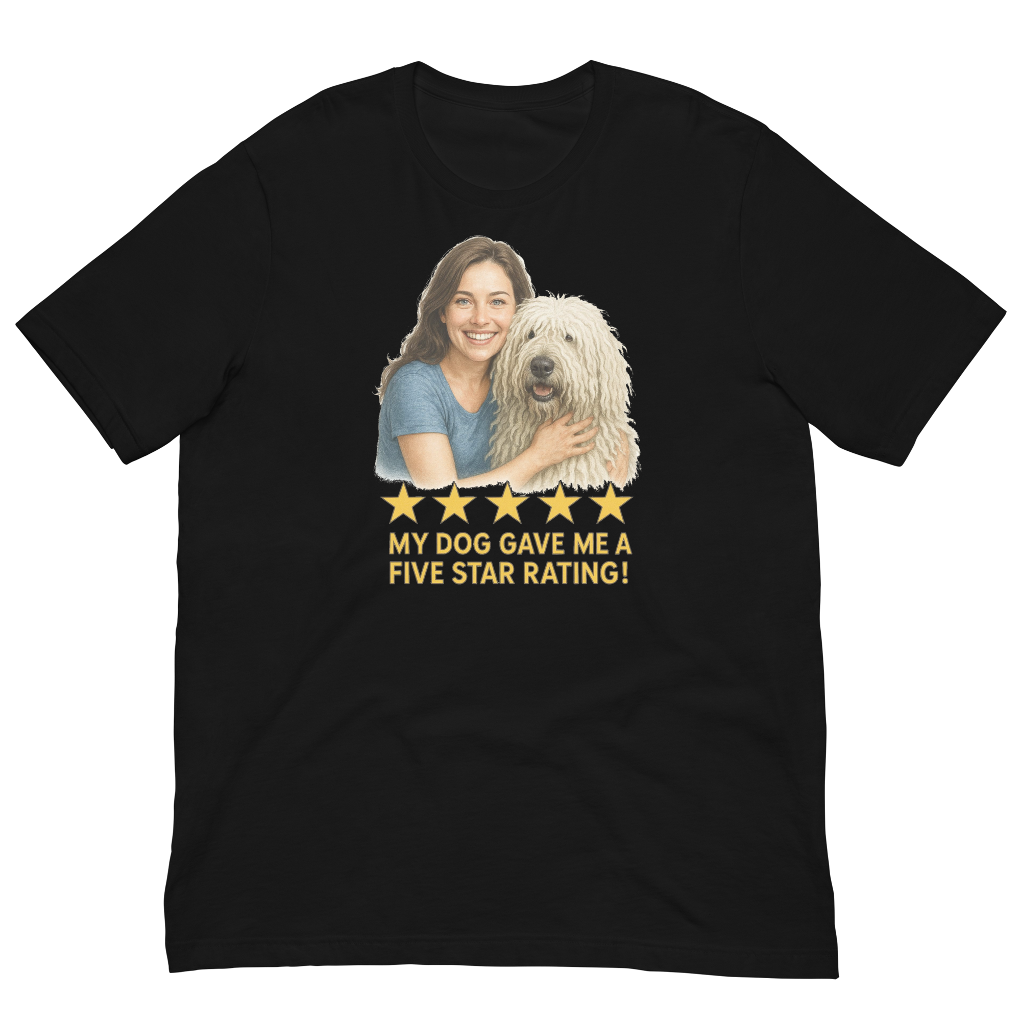 Brunette Woman with Komondor graphic tee - black