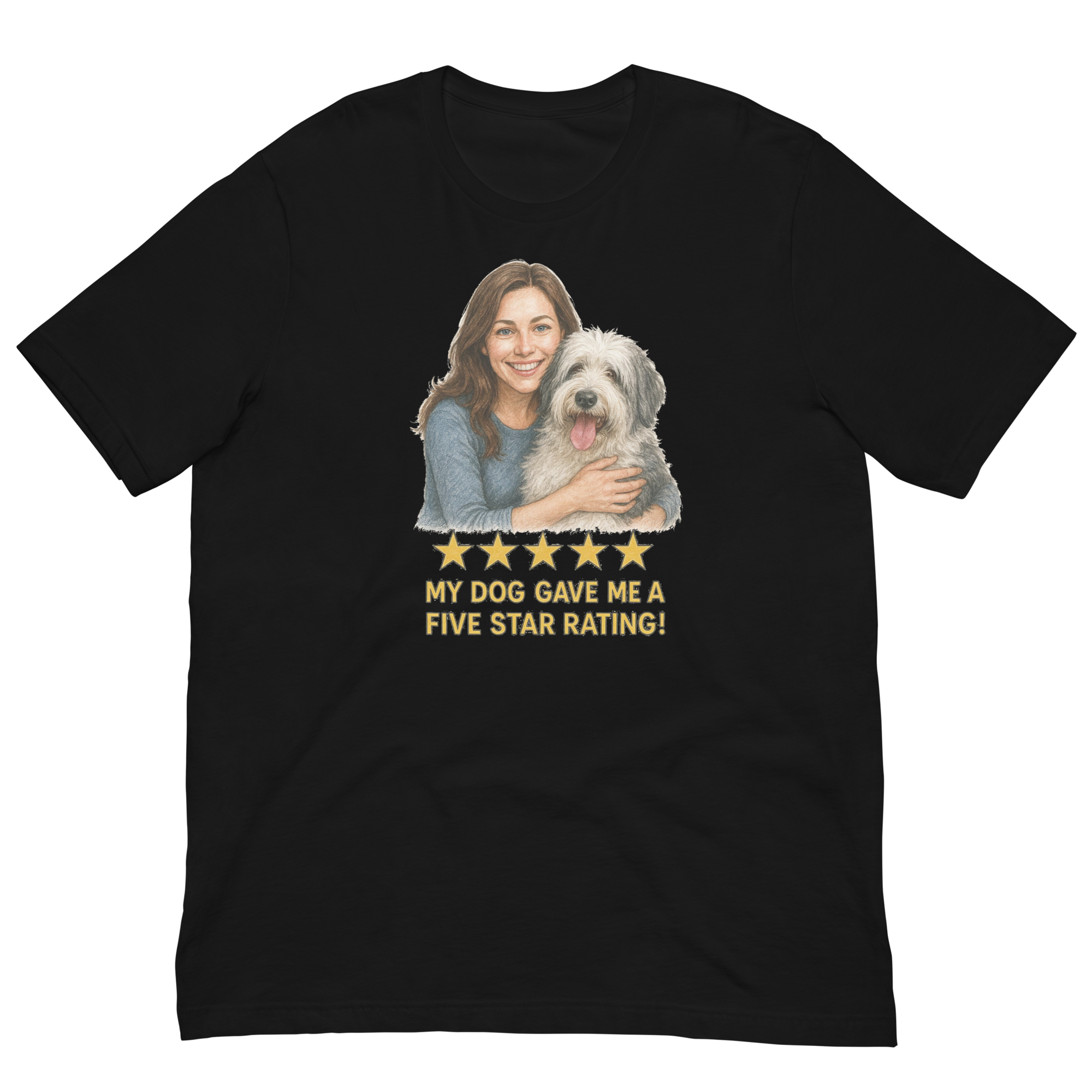 Brunette Woman with Sheepdog graphic tee - black