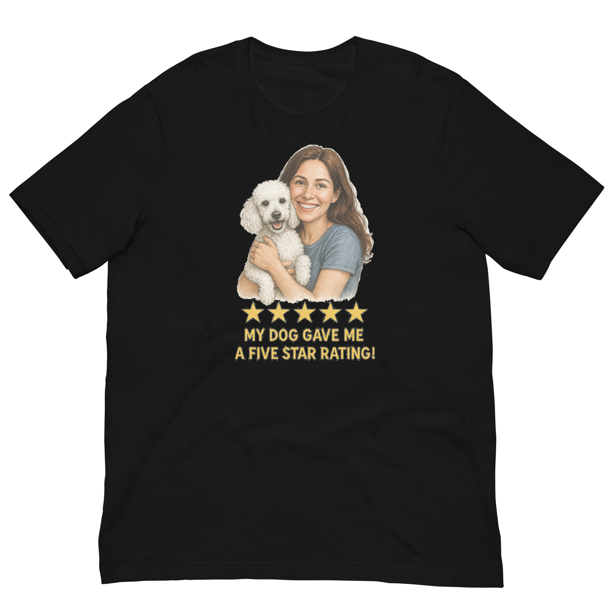 Brunette Woman with White Poodle graphic tee - black