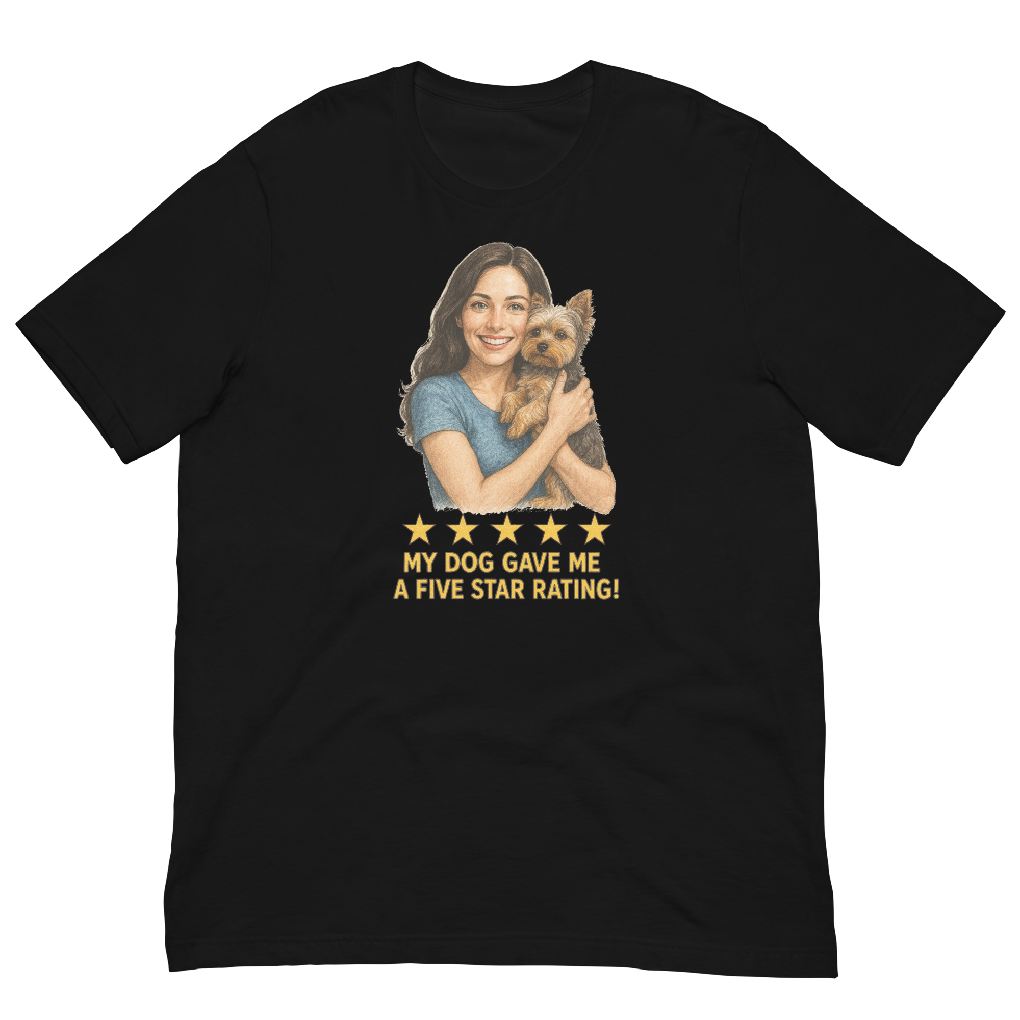 Brunette Woman with Yorkie graphic tee - black