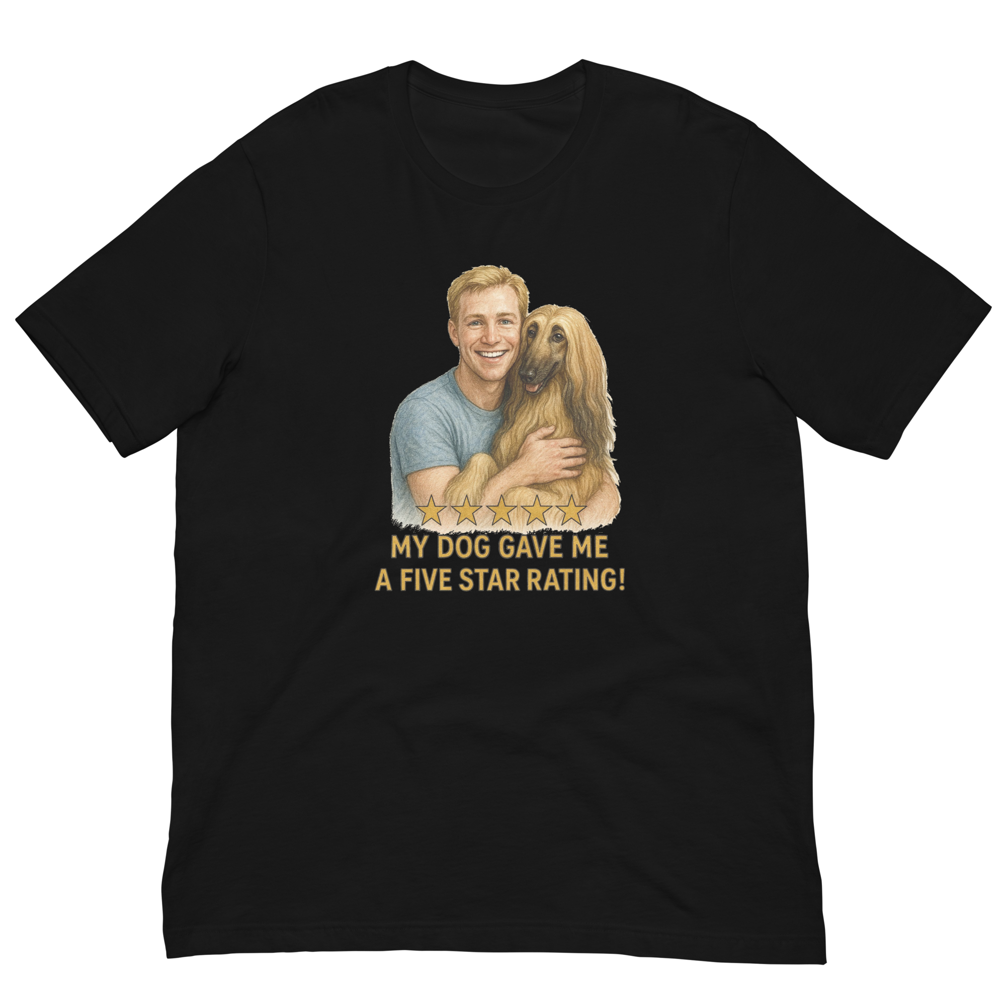 Blonde Man with Afghan Hound graphic tee.