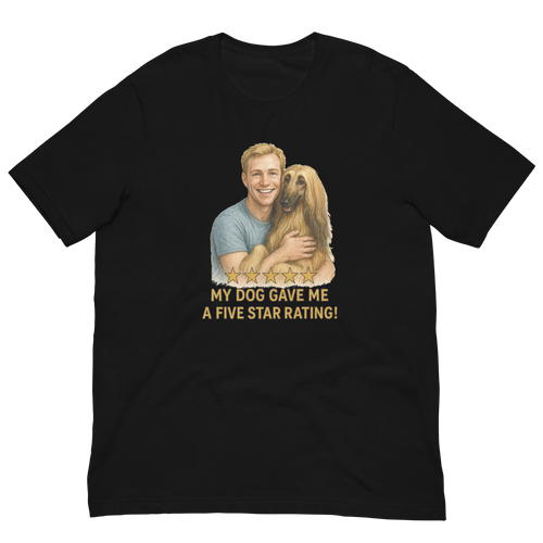 Blonde Man with Afghan Hound graphic tee.