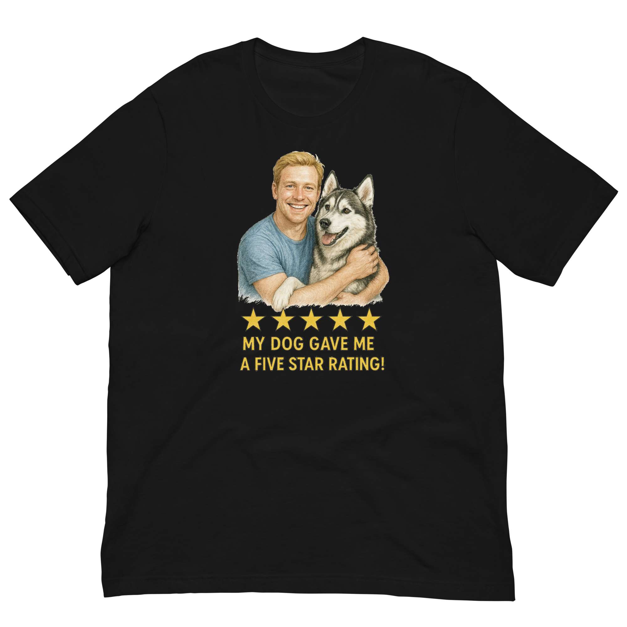 Blonde Man with Alaskan Husky graphic tee.