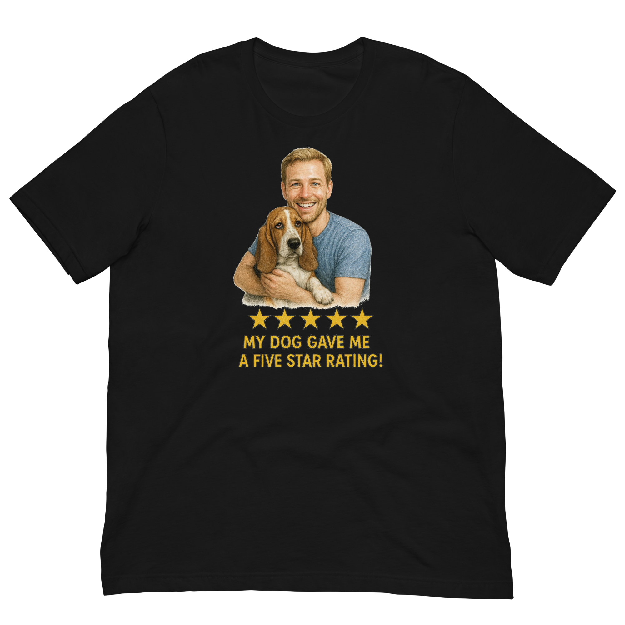 Blonde Man with Basset Hound graphic tee.